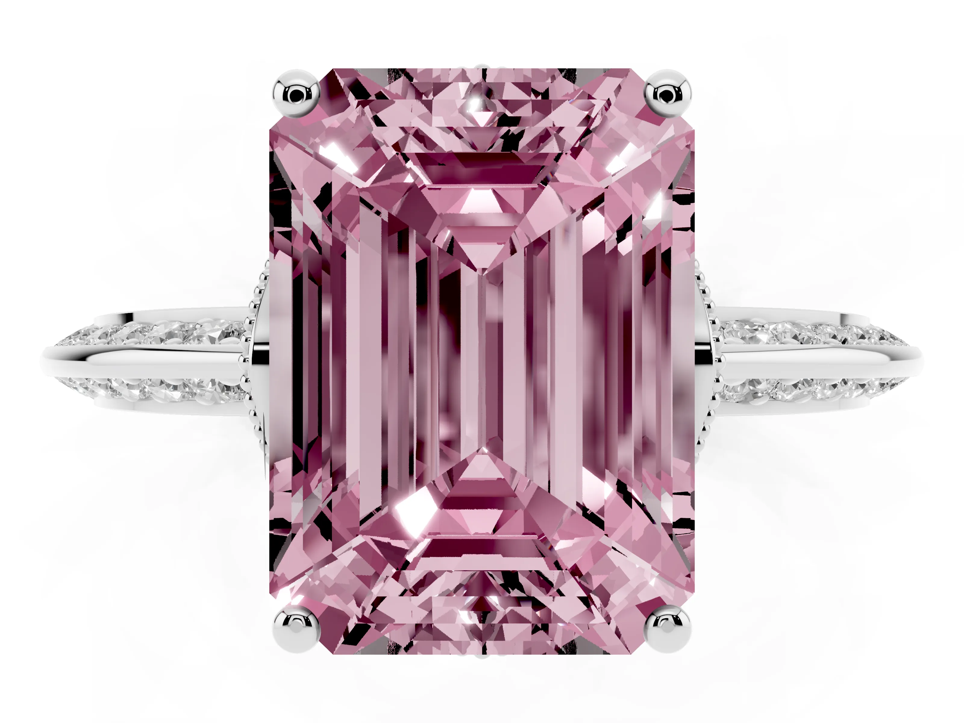 Fancy Pink Emerald Cut Diamond Solitaire Engagement Ring Set in White gold with Pavé Split Shank and Prong Setting