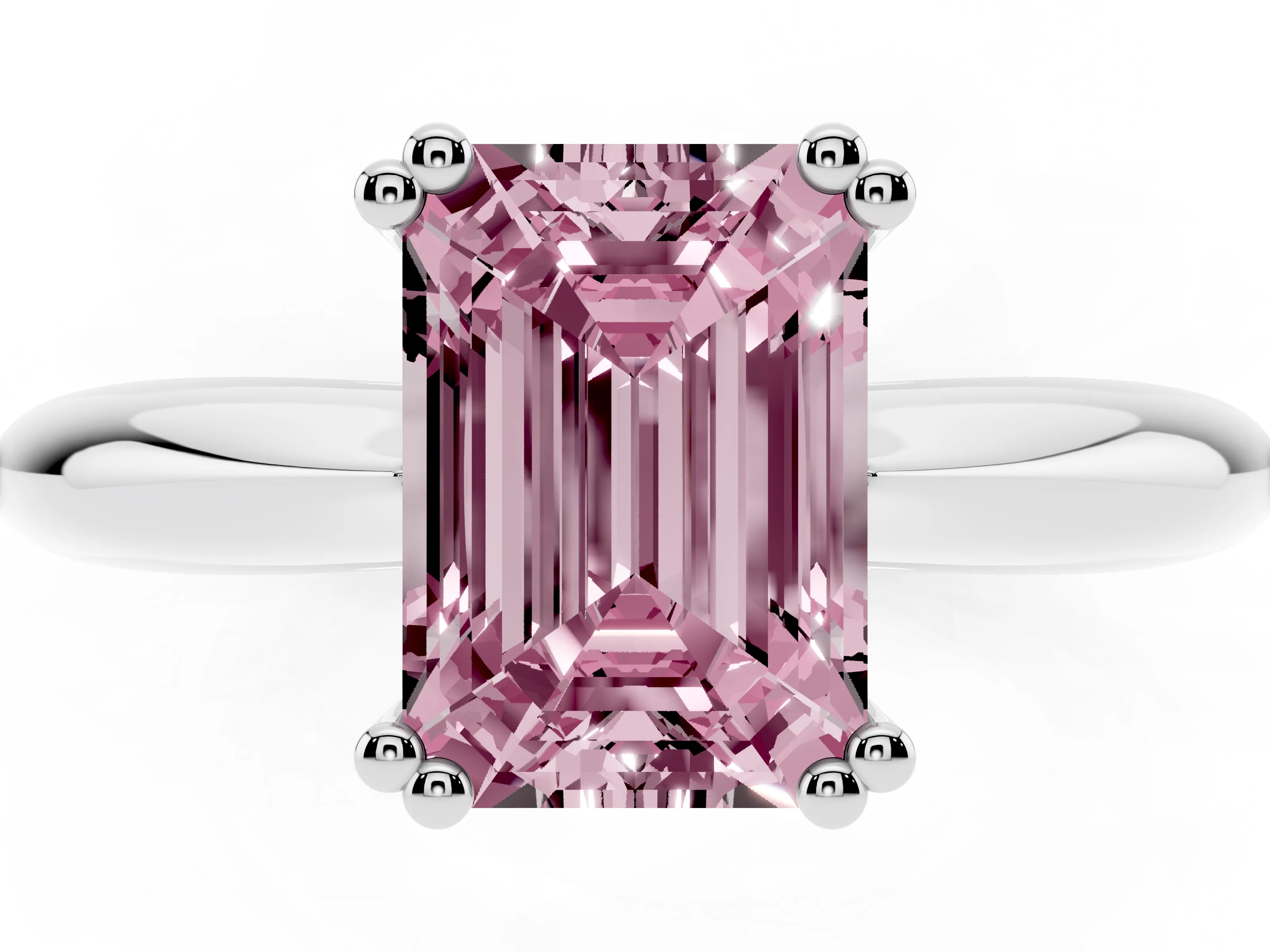 Fancy Pink Emerald Cut Diamond Solitaire Engagement Ring Set in Silver with Tapered Band and Prong Setting
