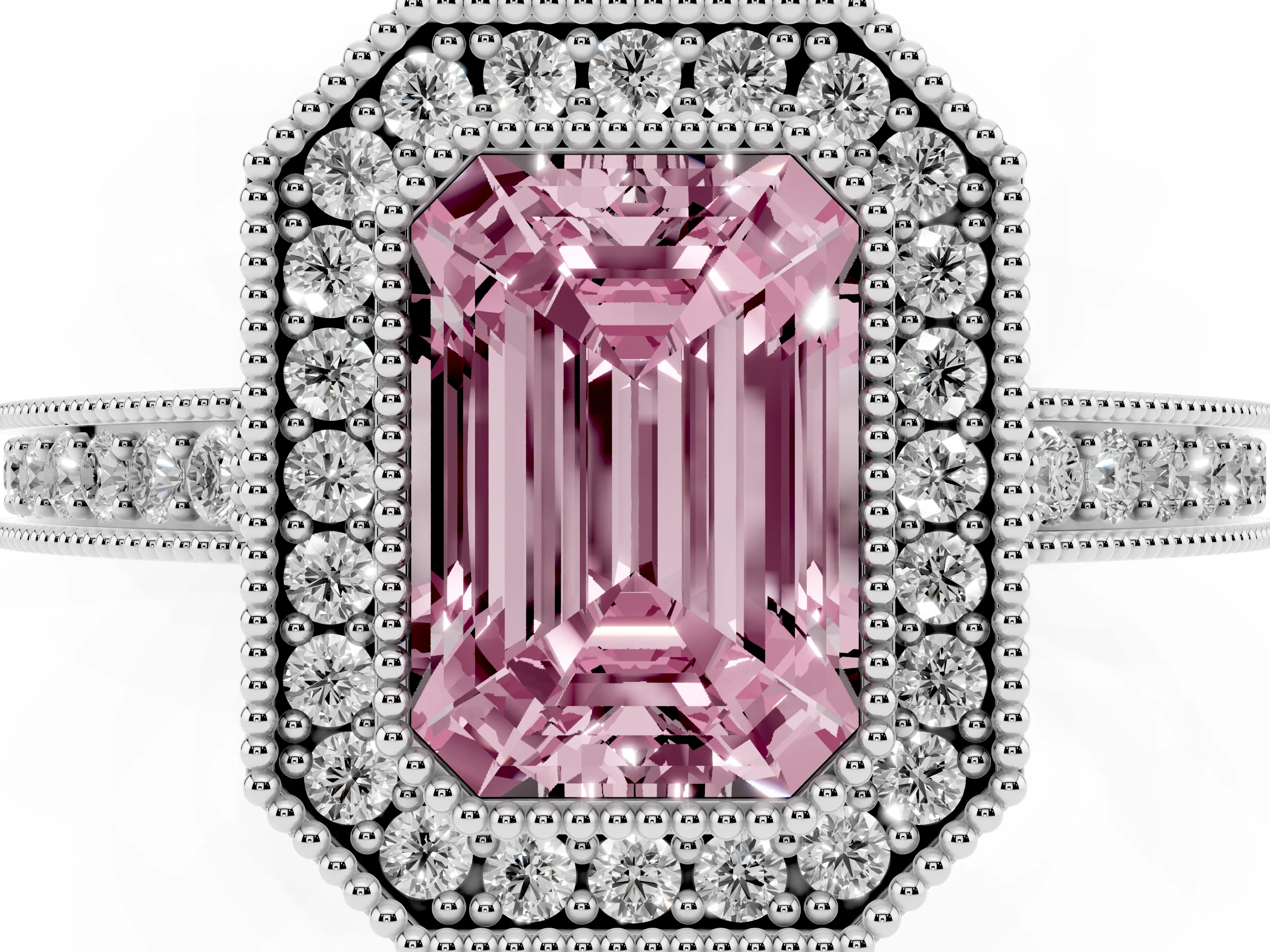 Fancy Pink Emerald Cut Diamond Round Halo Ring Set in Silver with Pavé Band