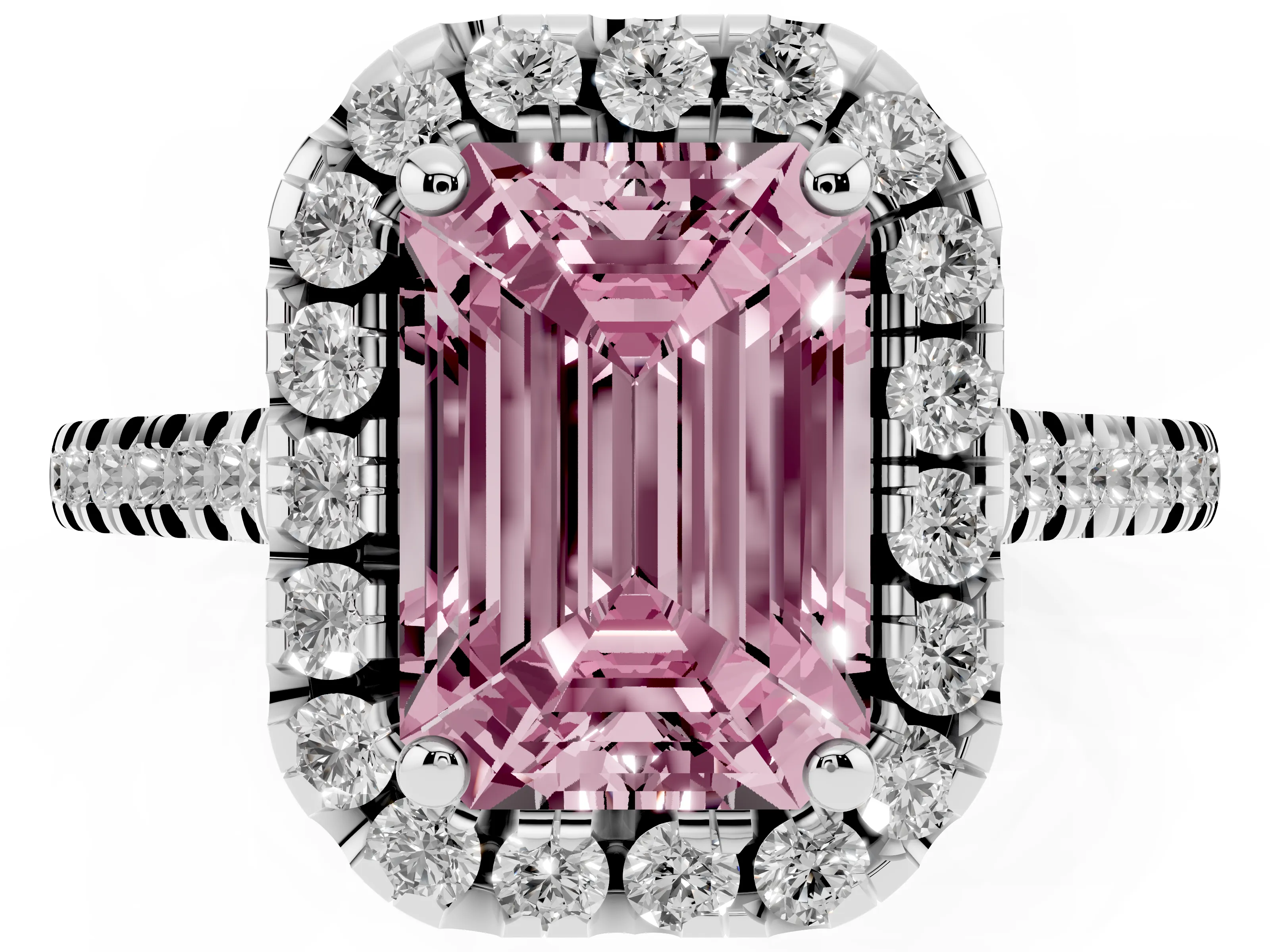 Fancy Pink Emerald Cut Diamond Cushion Halo Ring Set in White gold with Pavé Band