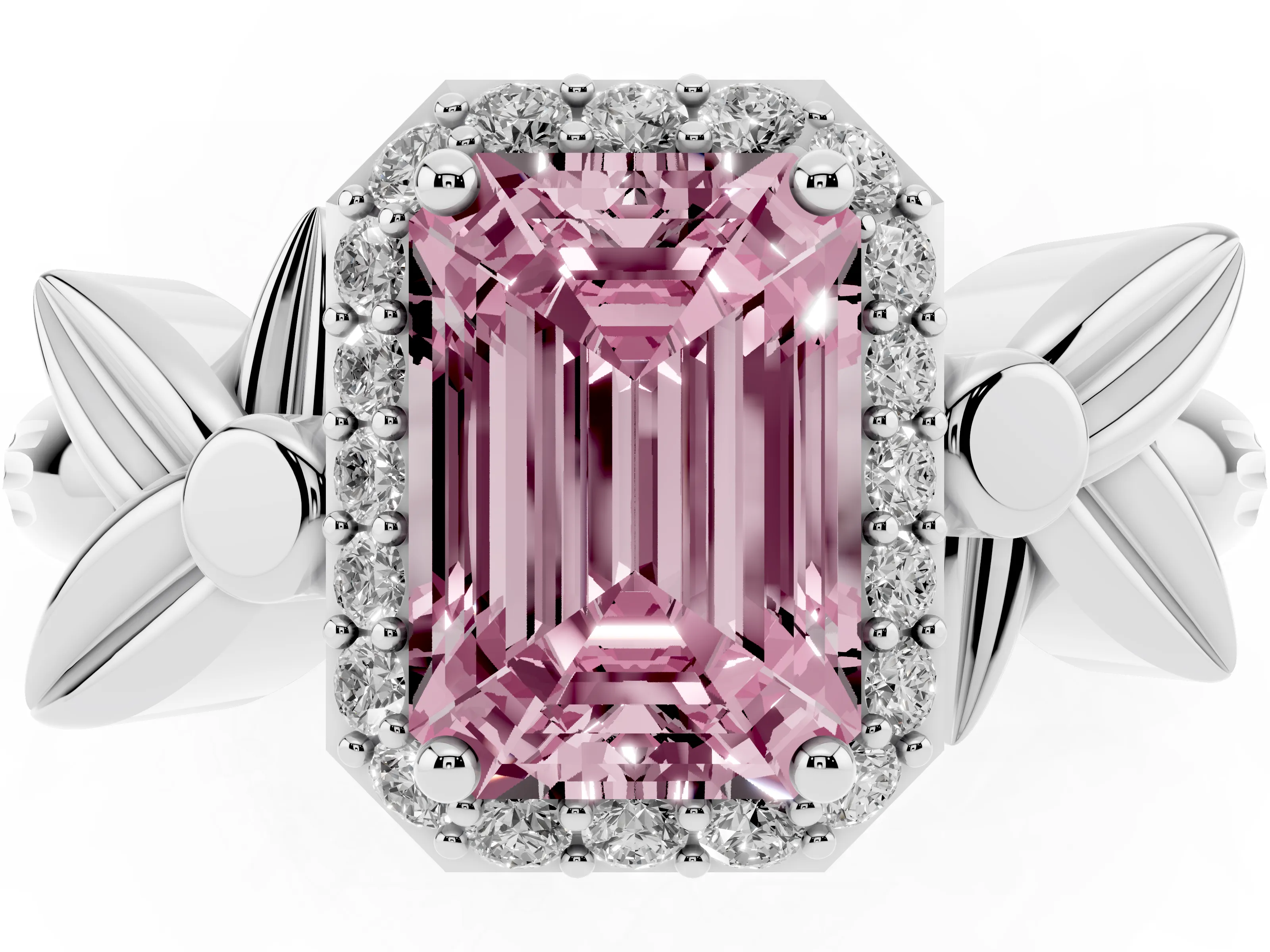 Fancy Pink Emerald Cut Diamond Halo Floral Band Ring Set in White gold with Prong Setting