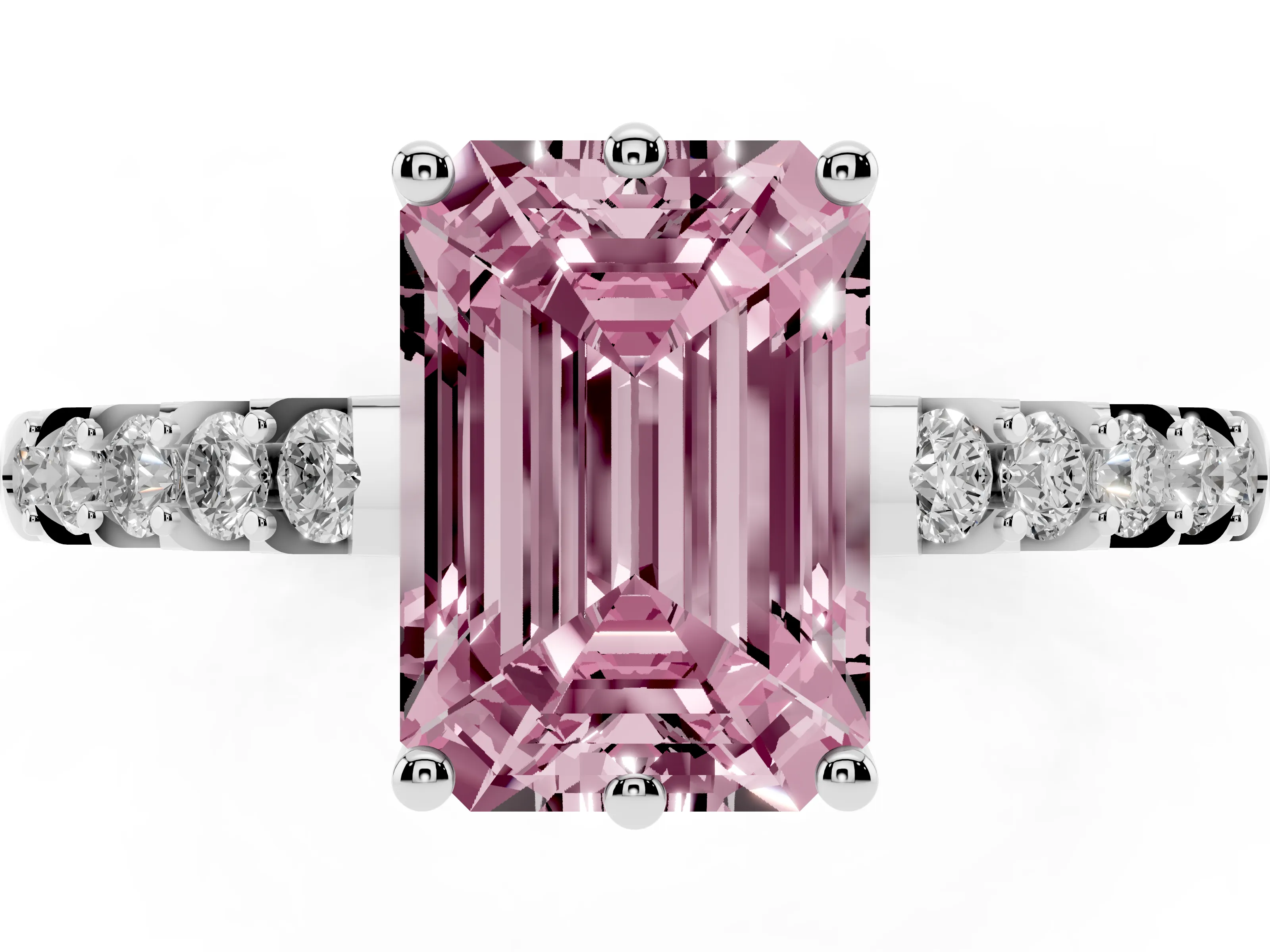 Fancy Pink Emerald Cut Diamond Solitaire Engagement Ring Set in Silver with Pavé Band and Prong Setting