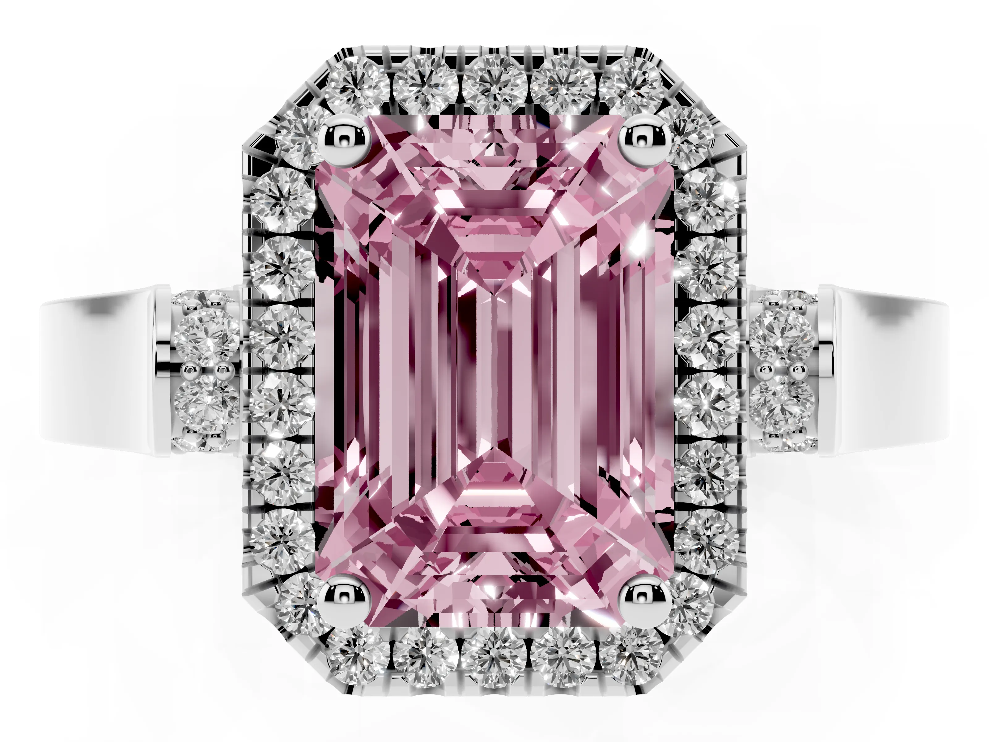 Fancy Pink Emerald Cut Diamond Halo Ring Set in Platinum with Pavé-Lined Split Shank Band