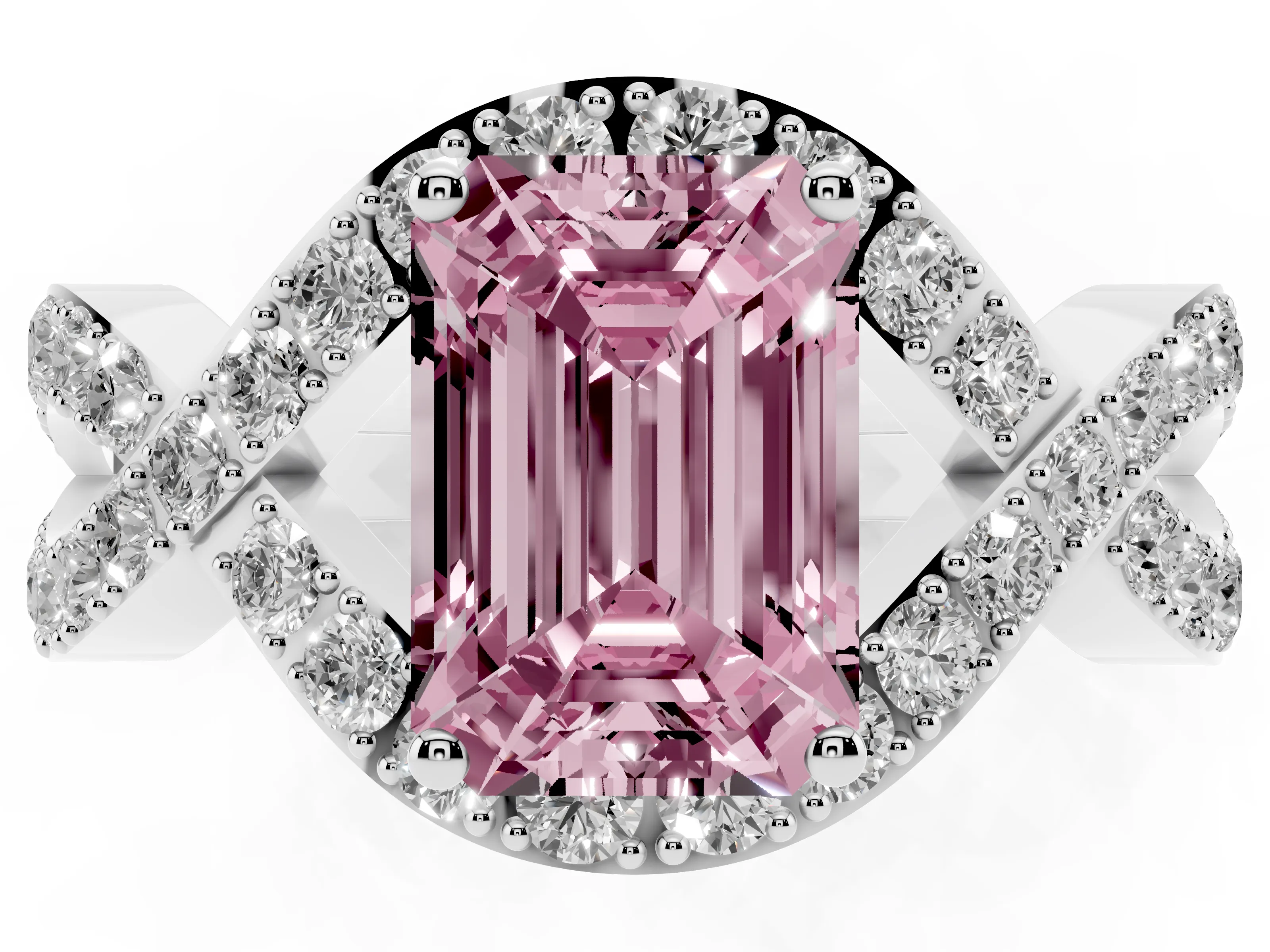 Fancy Pink Emerald Cut Diamond Solitaire Twist Band Pavé Engagement Ring Set in Silver