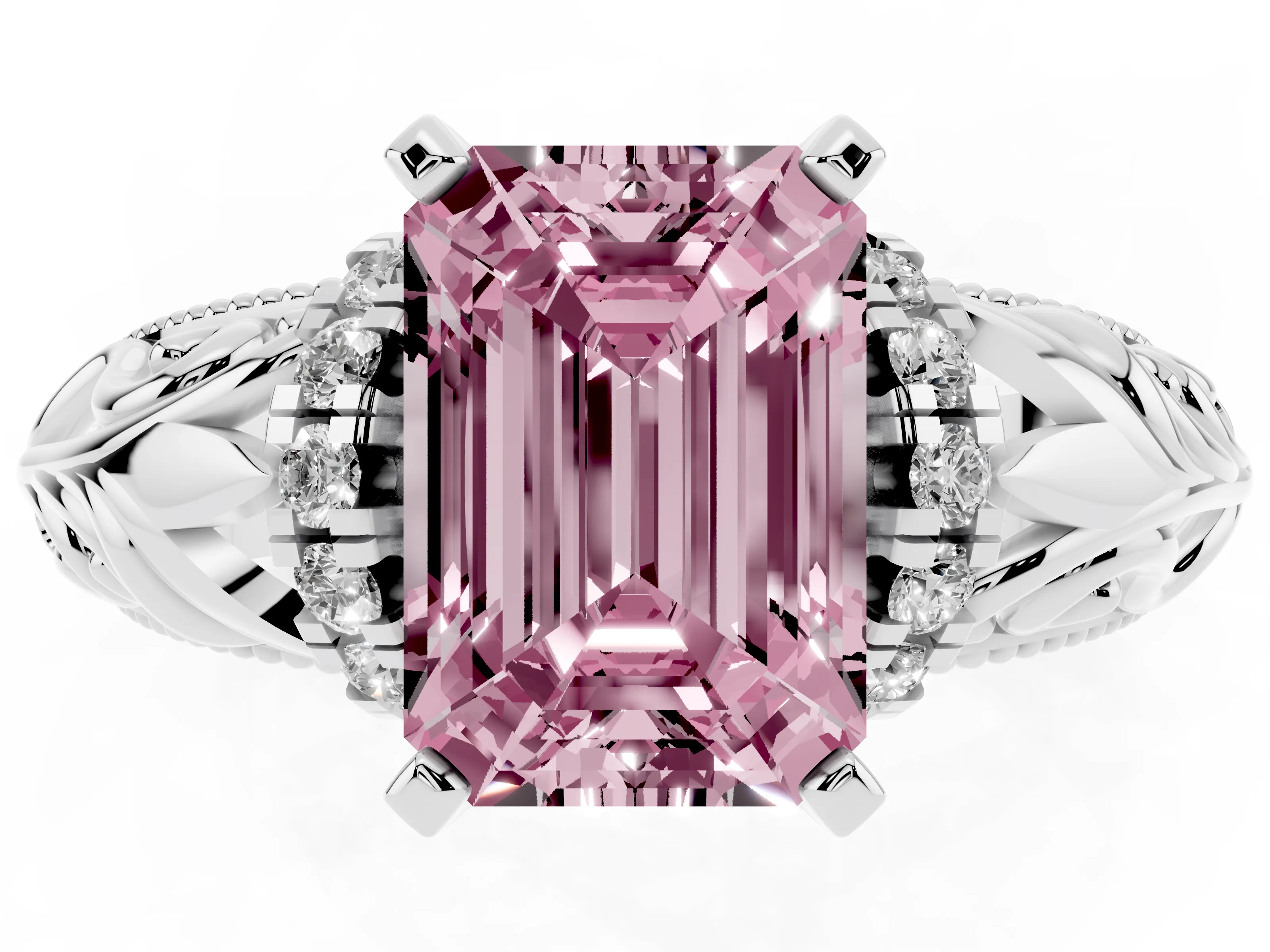 Fancy Pink Emerald Cut Diamond Filigree Halo Engagement Ring Set in White gold with Prong Setting