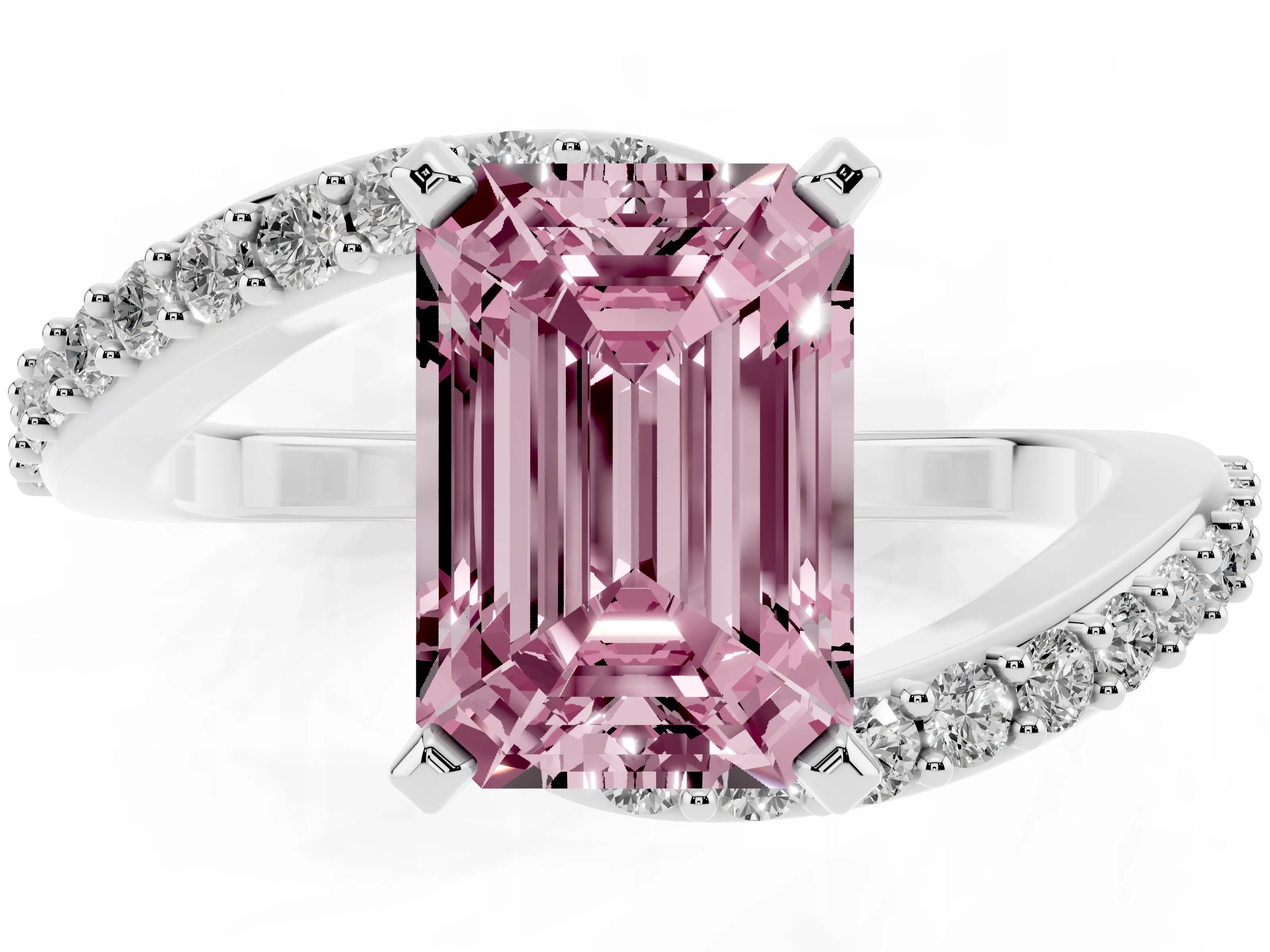 Fancy Pink Emerald Cut Diamond Solitaire Ring Set in Platinum with Pavé Twist Band and Prong Setting