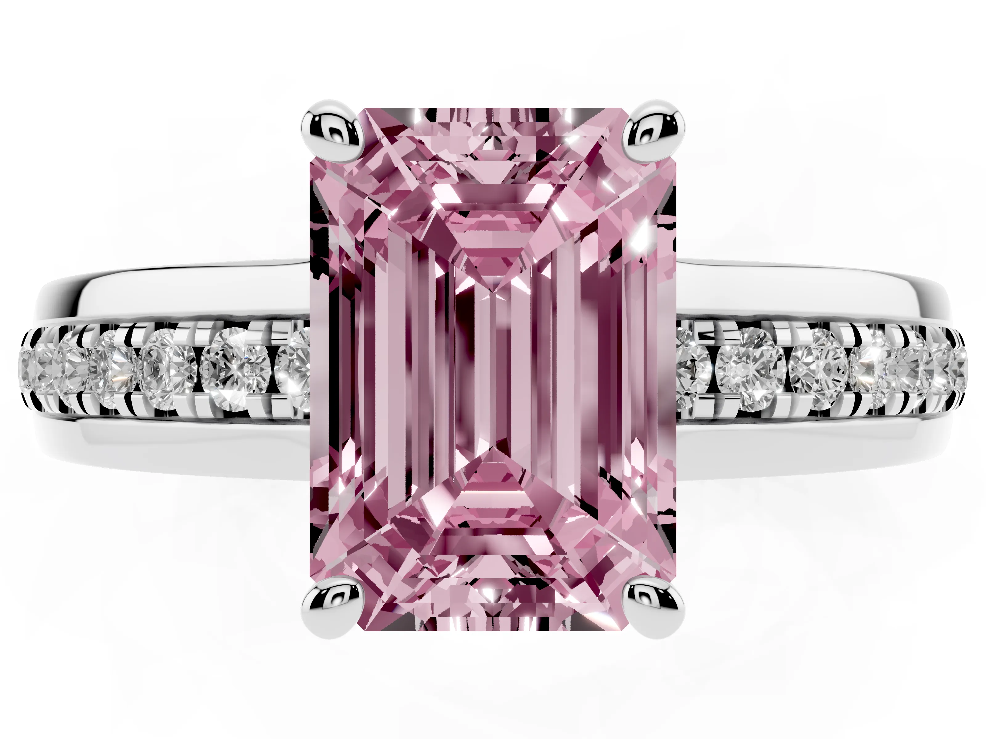 Fancy Pink Emerald Cut Diamond Solitaire Ring Set in Silver with Channel Set Band and Prong Setting