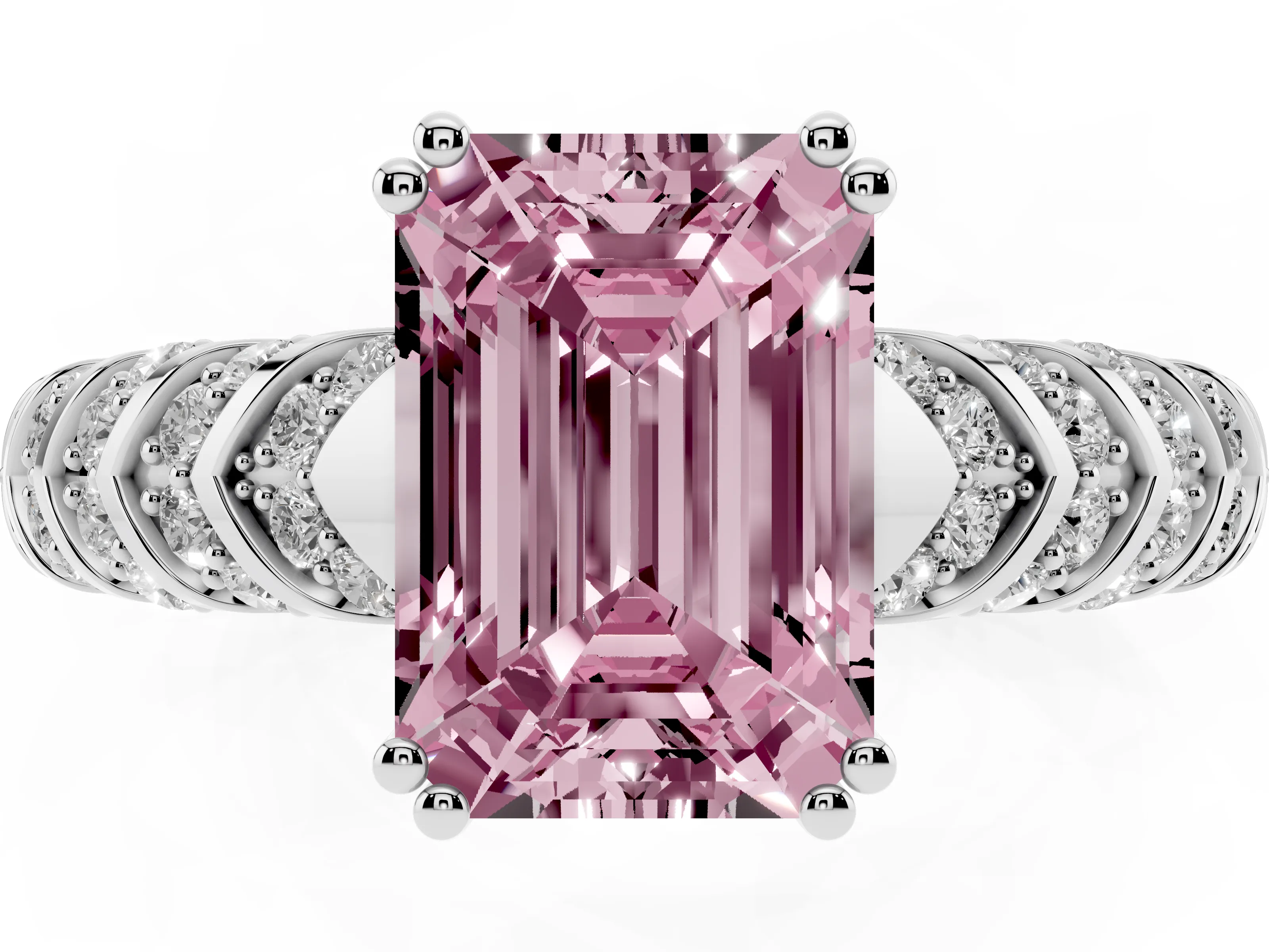 Fancy Pink Emerald Cut Diamond Solitaire Chevron Pavé Engagement Ring Set in Silver with Prong Setting