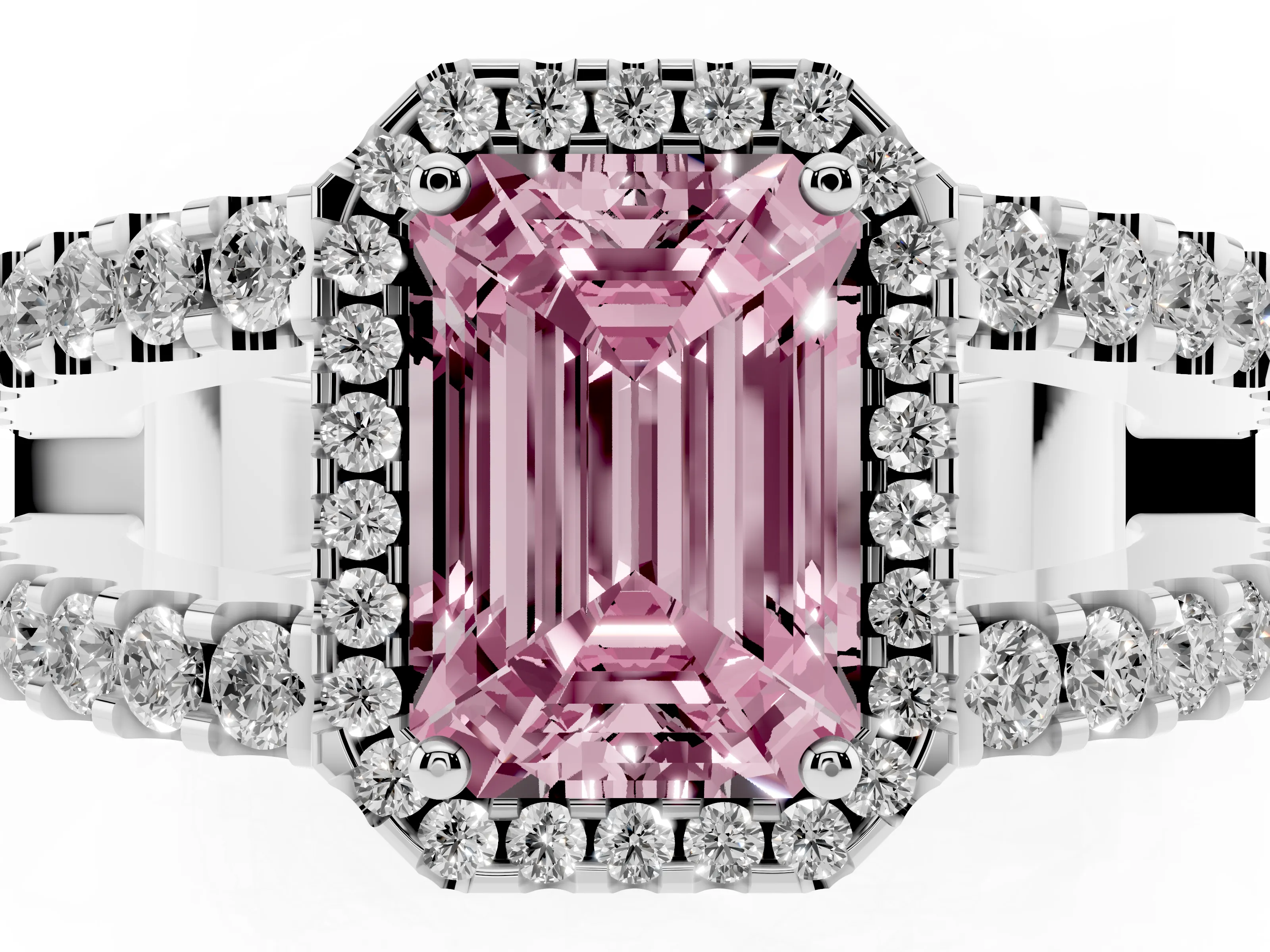 Fancy Pink Emerald Cut Diamond Halo Ring Set in Platinum with Pavé Split Shank and Prong Setting
