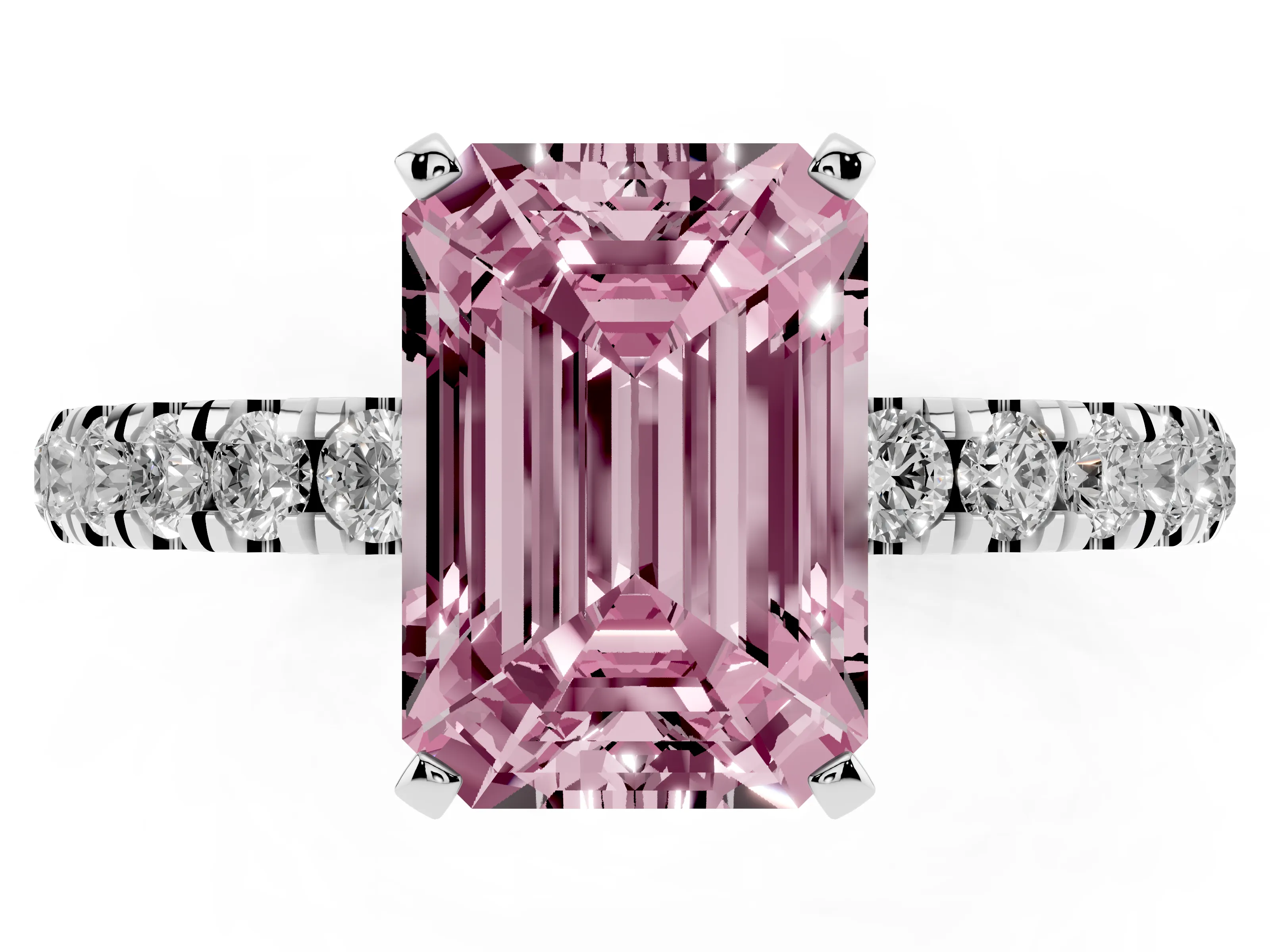 Fancy Pink Emerald Cut Diamond Solitaire Ring Set in Silver with Pavé Accents and Prong Setting