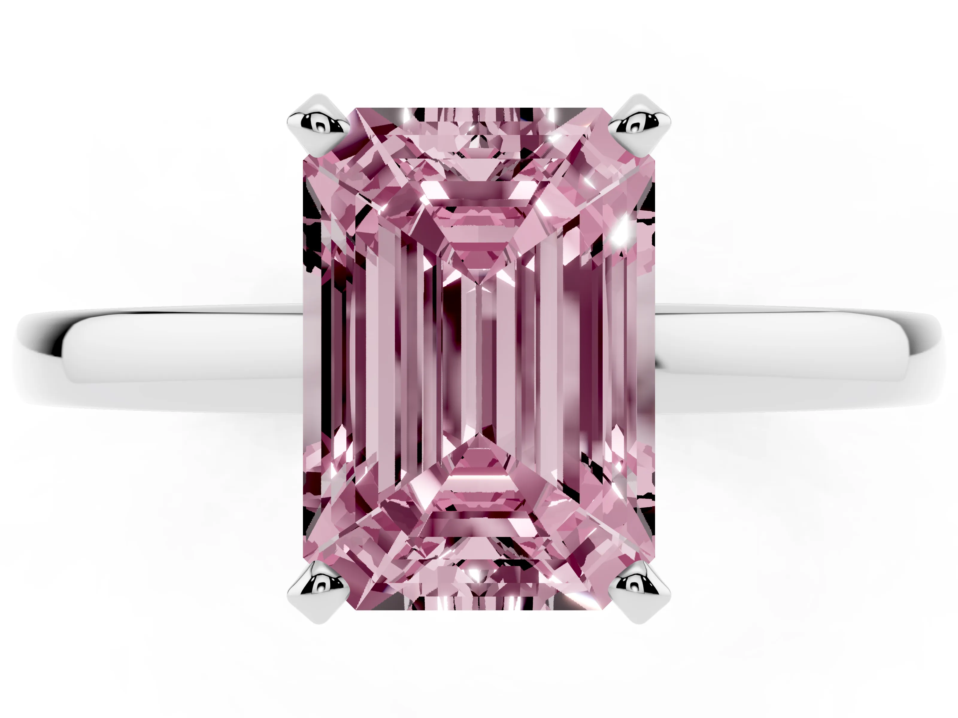 Fancy Pink Emerald Cut Diamond Solitaire Engagement Ring Set in Platinum with Prong Setting on a Classic Band