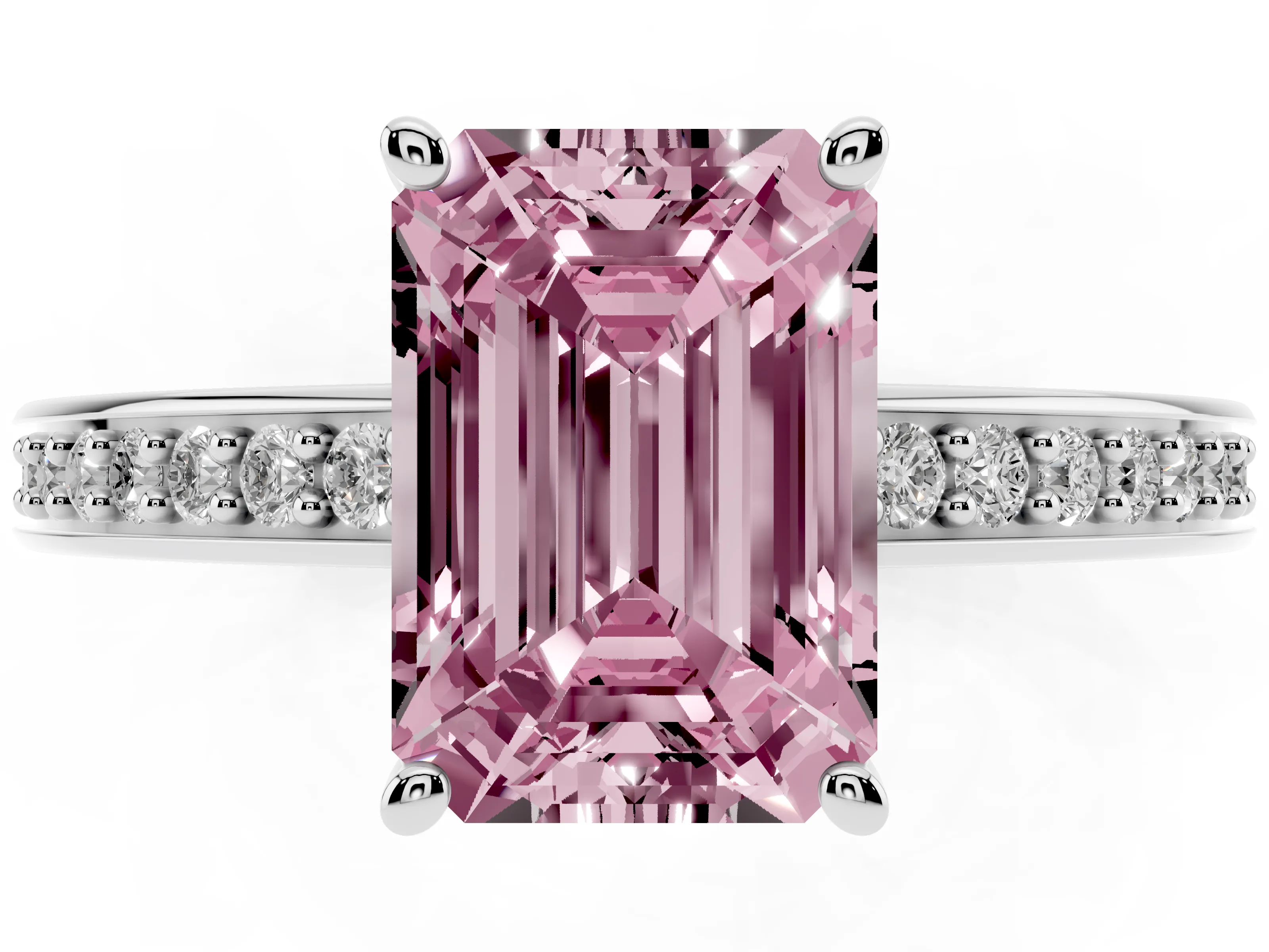Fancy Pink Emerald Cut Diamond Pavé Band Prong Set Solitaire Ring Set in White gold