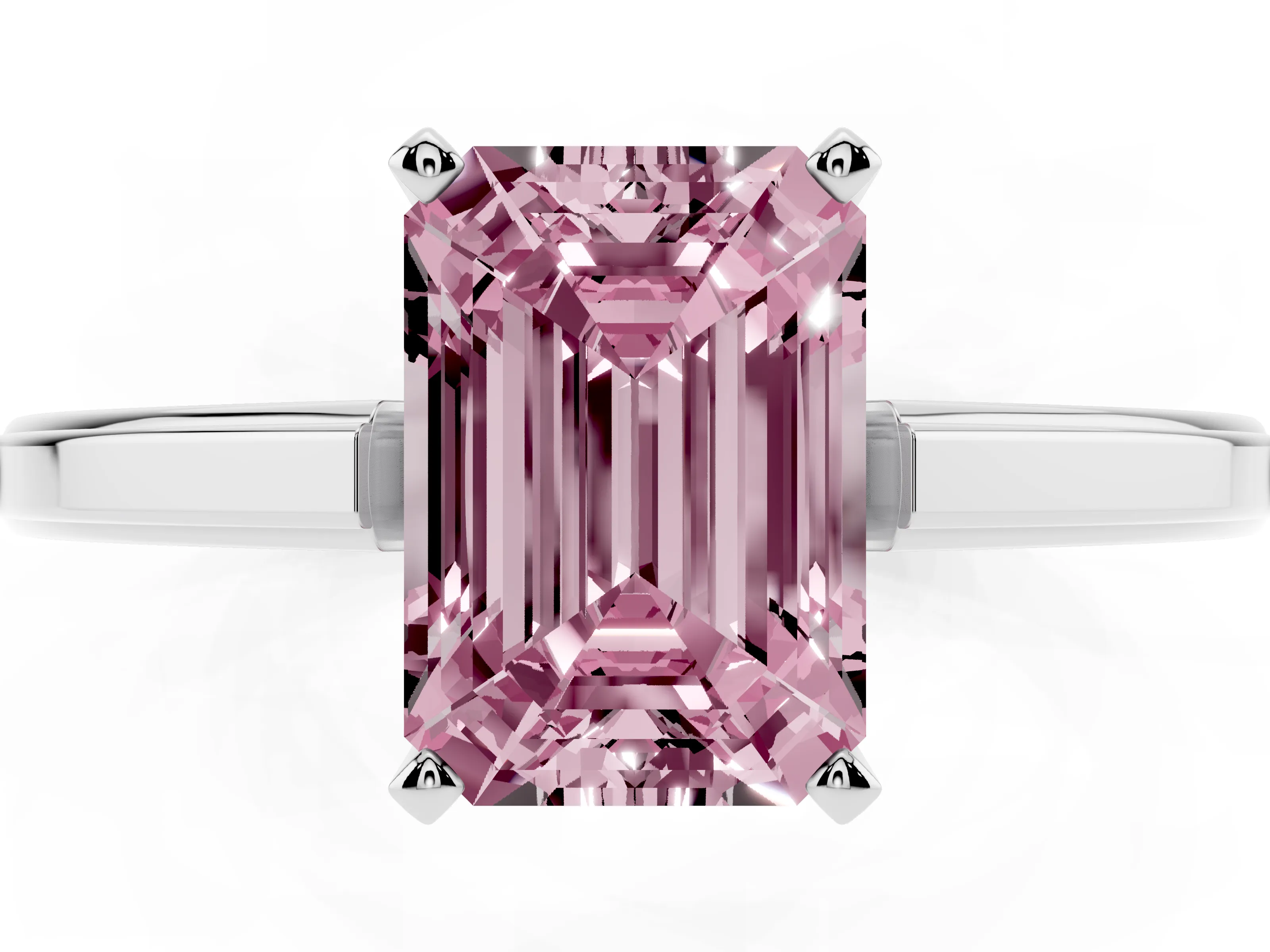 Fancy Pink Emerald Cut Diamond Solitaire Ring Set in Platinum with Prong Setting and Classic Band