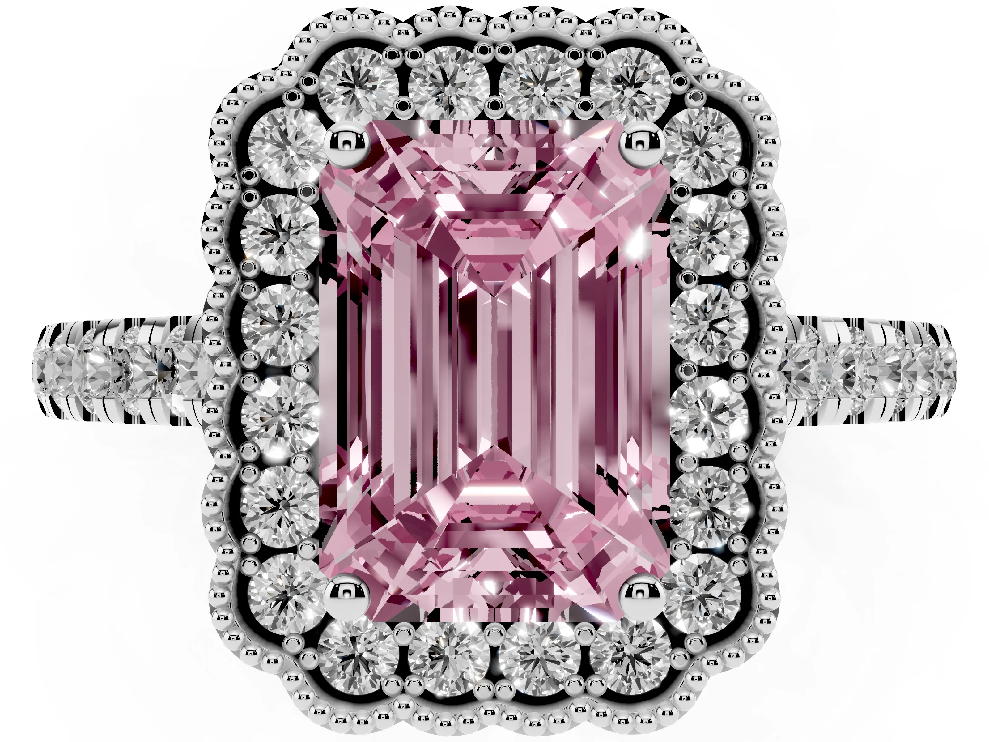 Fancy Pink Emerald Cut Diamond Milgrain Floral Halo Engagement Ring Set in Silver with Pavé Band