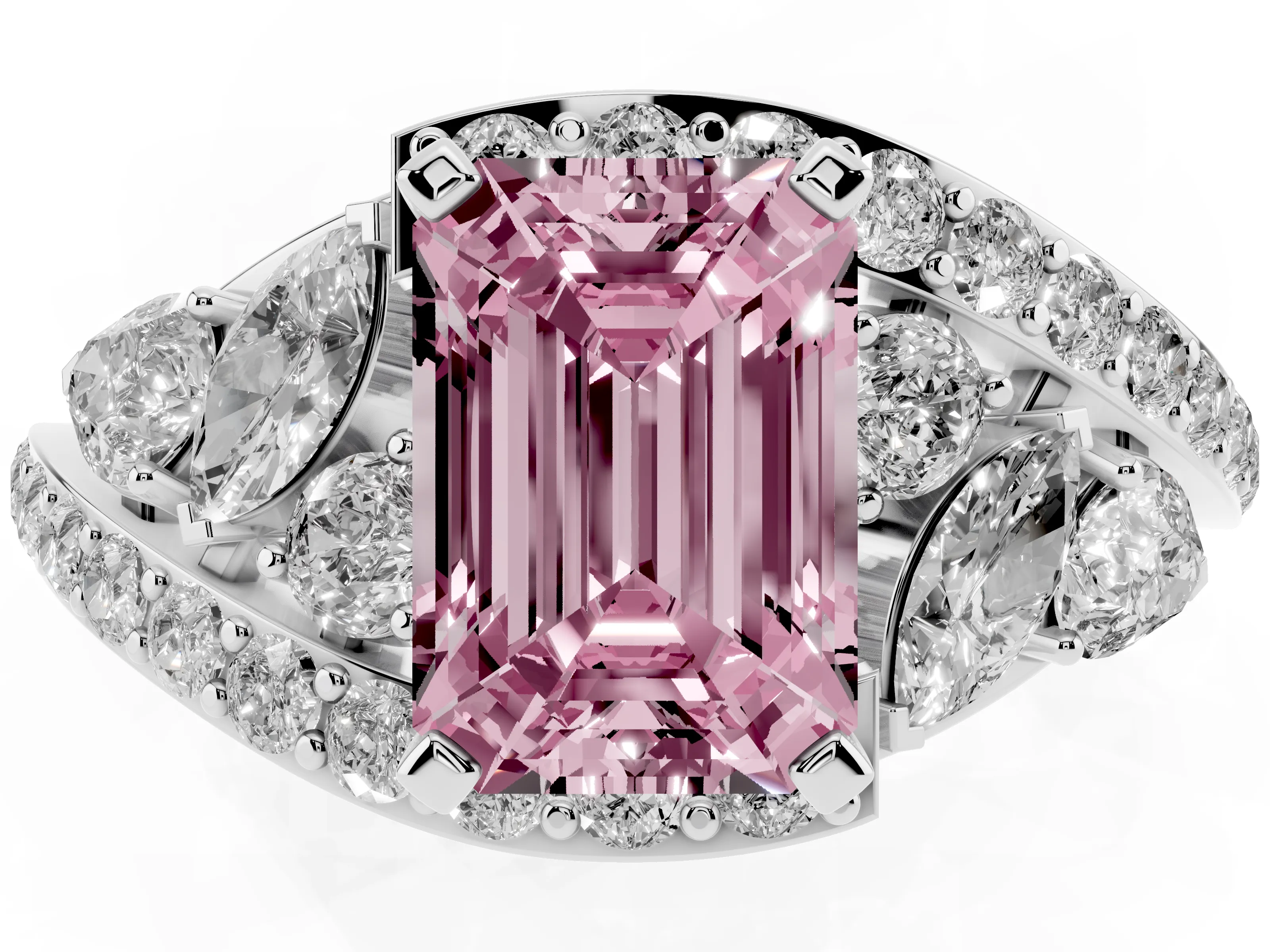 Fancy Pink Emerald Cut Diamond Halo Ring Set in Platinum with Marquise and Pavé Band in Prong Setting