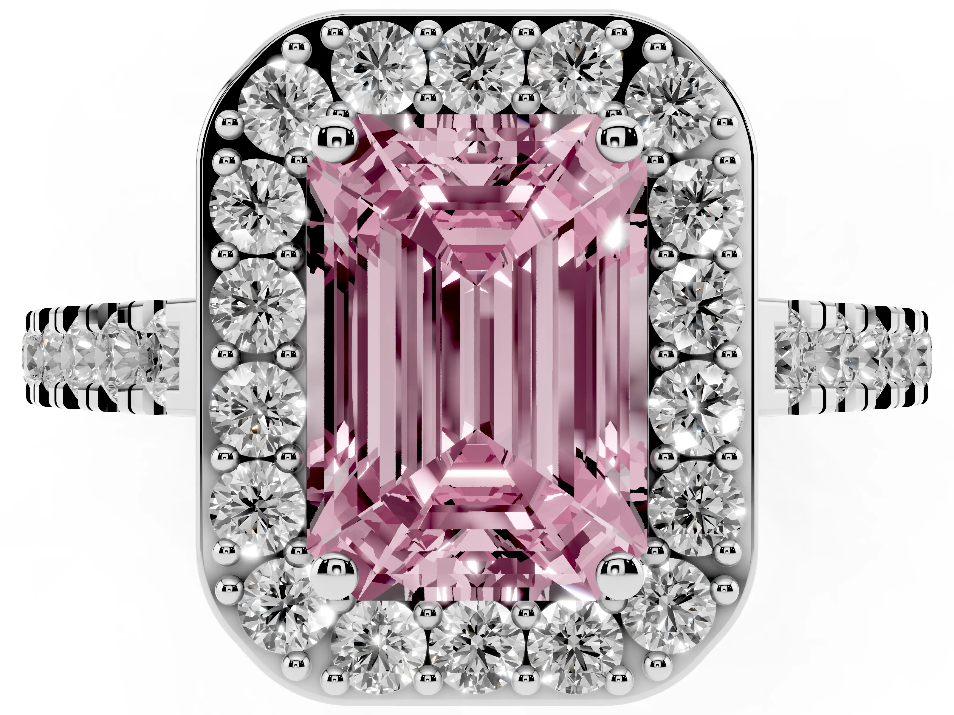 Fancy Pink Emerald Cut Diamond Halo Ring Set in Silver with Round Pavé Split Shank and Prong Setting