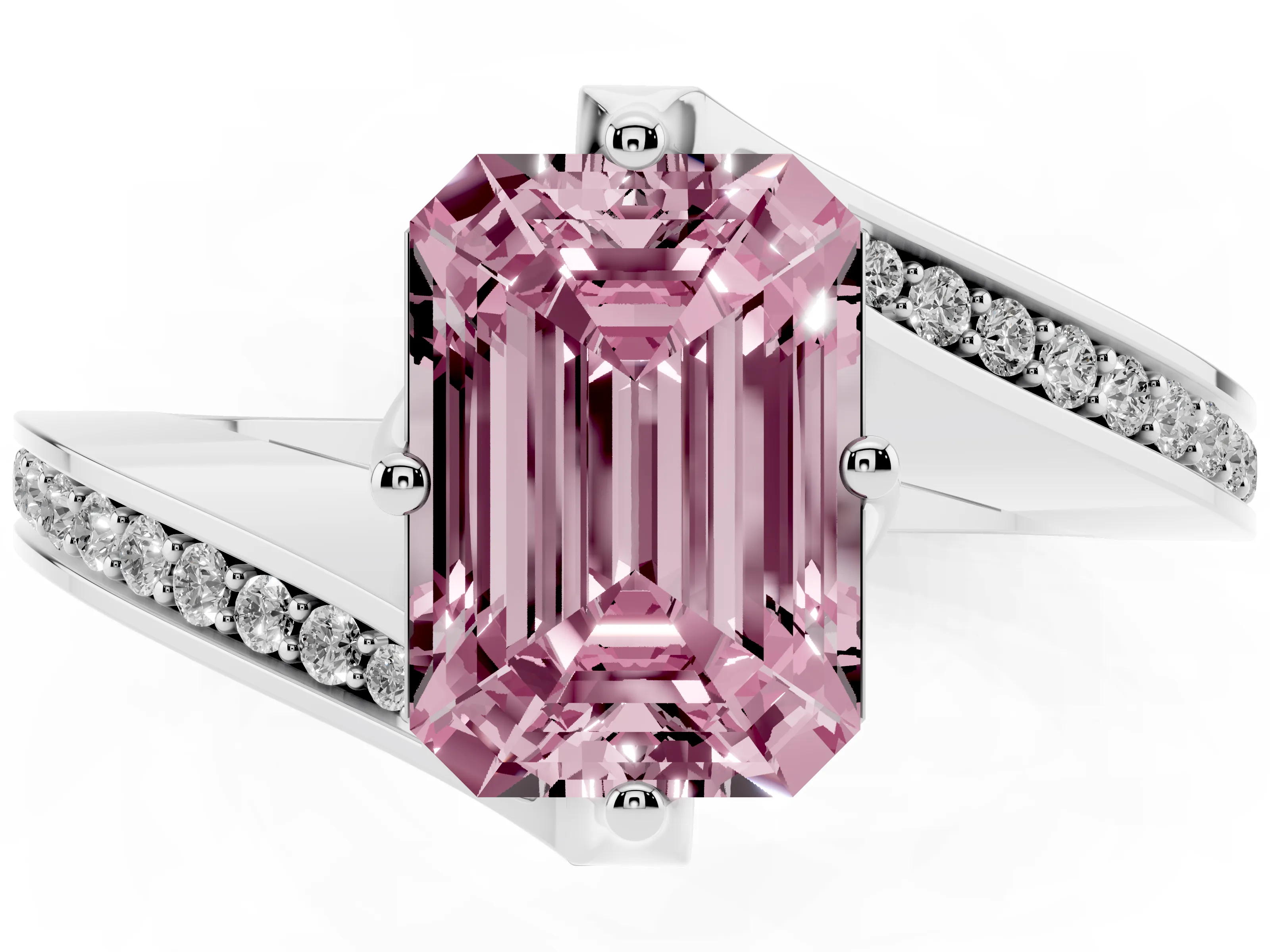 Fancy Pink Emerald Cut Diamond Solitaire Ring Set in Silver with Intertwined Pavé Twist Band