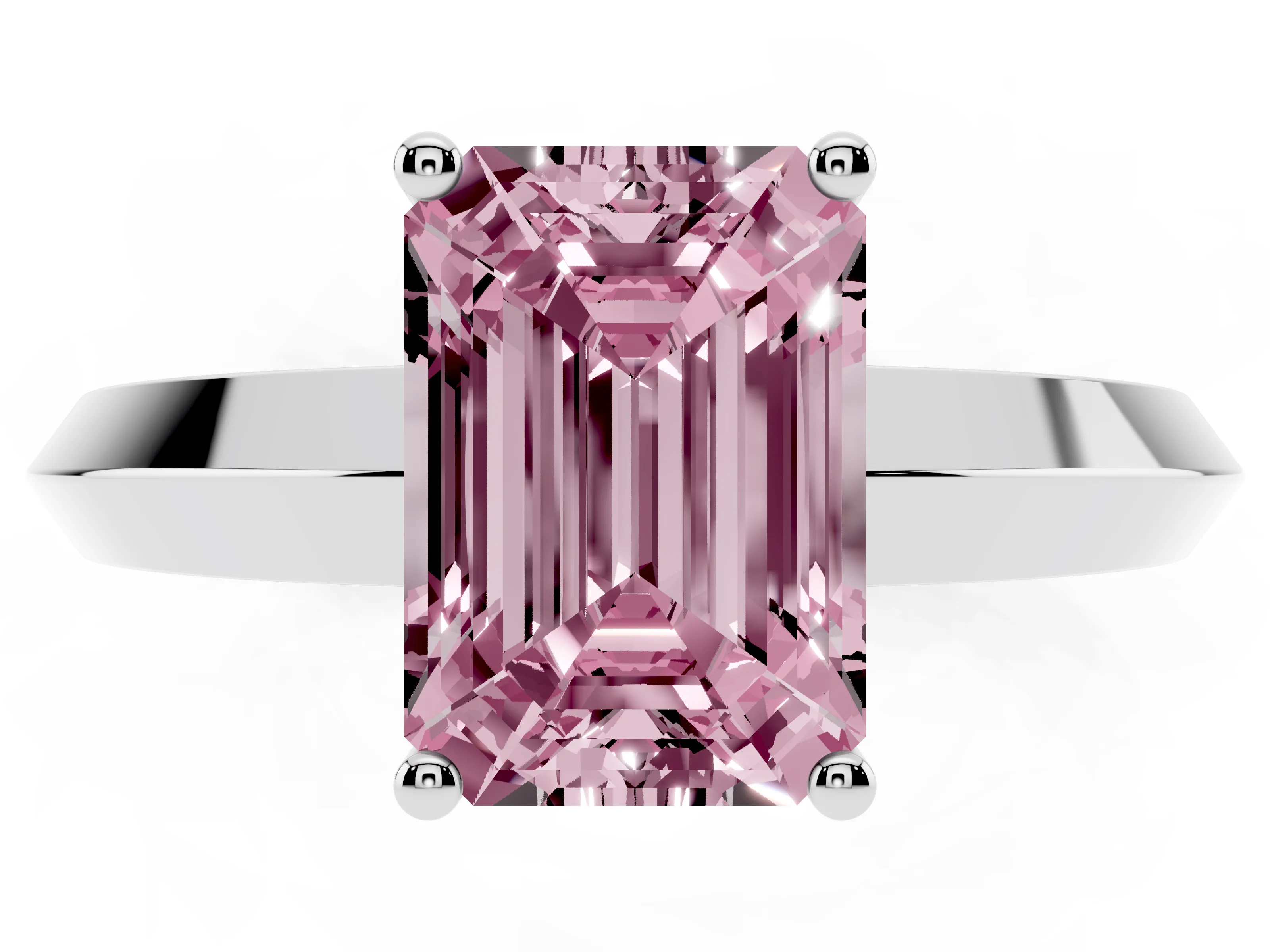 Fancy Pink Emerald Cut Diamond Solitaire Engagement Ring Set in Silver with Flat Band and Prong Setting