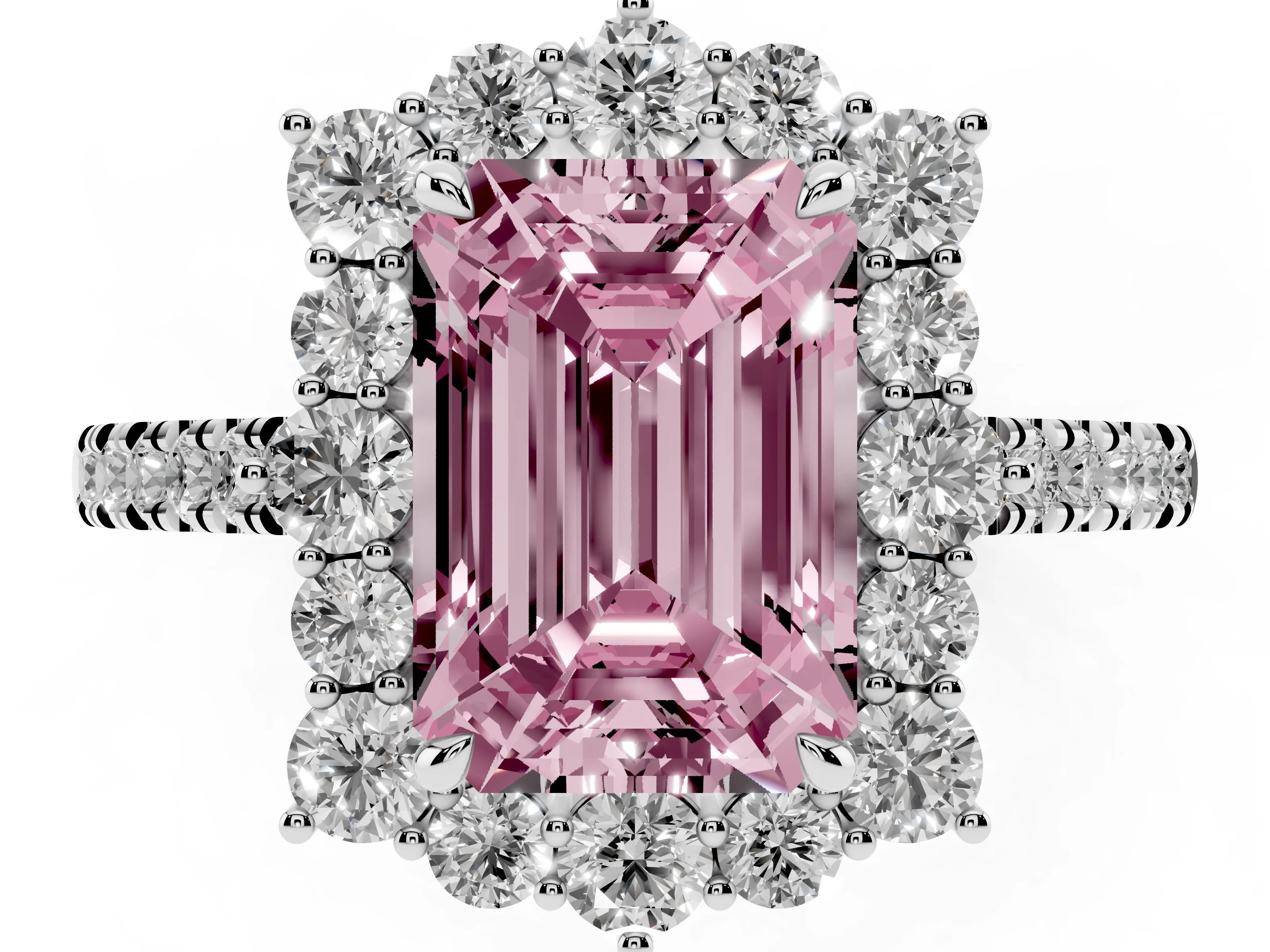 Fancy Pink Emerald Cut Diamond Halo Ring Set in Silver with Pavé Band and Prong Setting