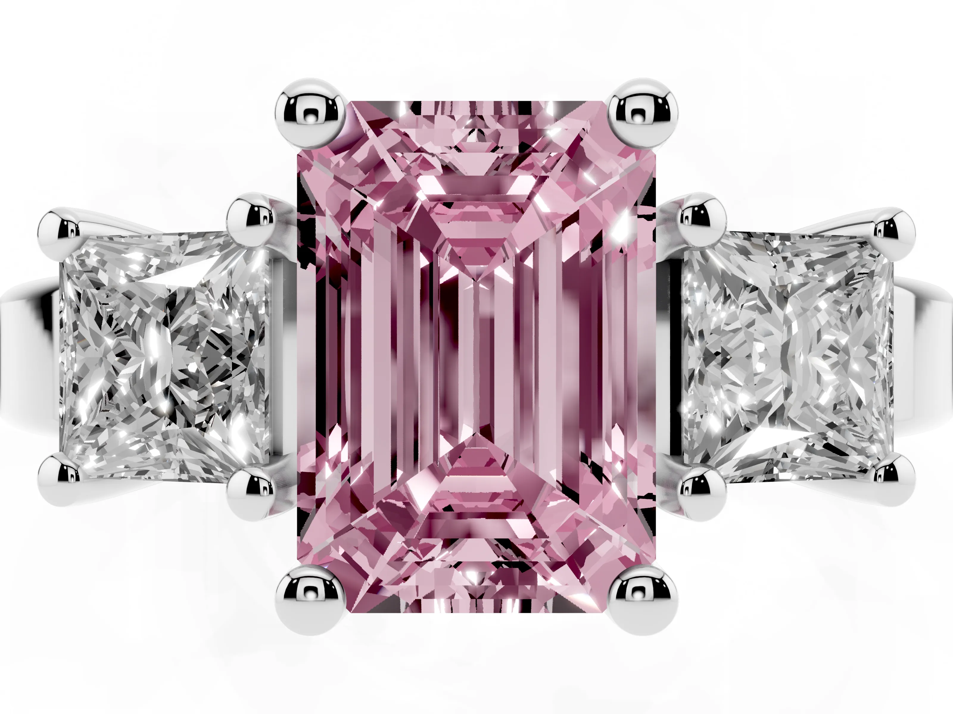 Fancy Pink Three-Stone Emerald Cut Diamond Solitaire Ring Set in Platinum with Prong Setting