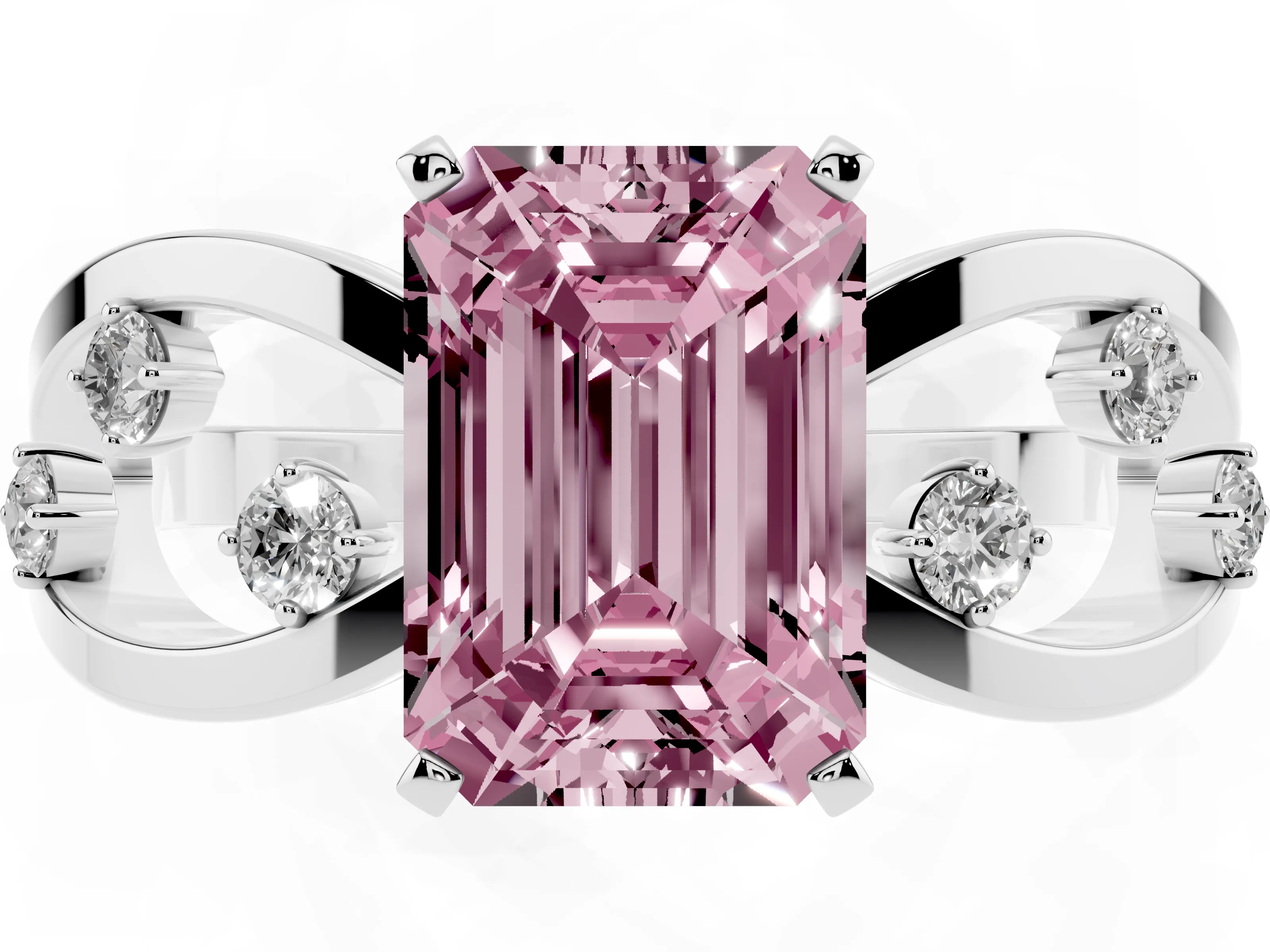 Fancy Pink Emerald Cut Diamond Solitaire Ring Set in Platinum with Side Stones on Criss-Cross Band and Prong Setting