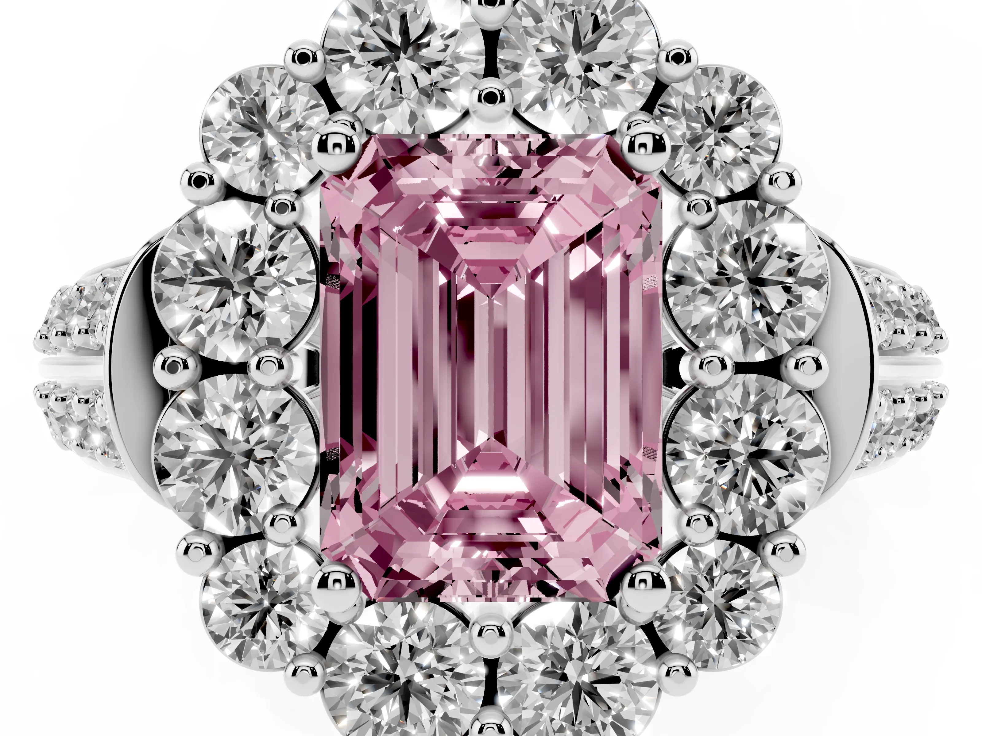 Fancy Pink Emerald Cut Diamond Halo Engagement Ring Set in Platinum with Split Shank and Prong Setting