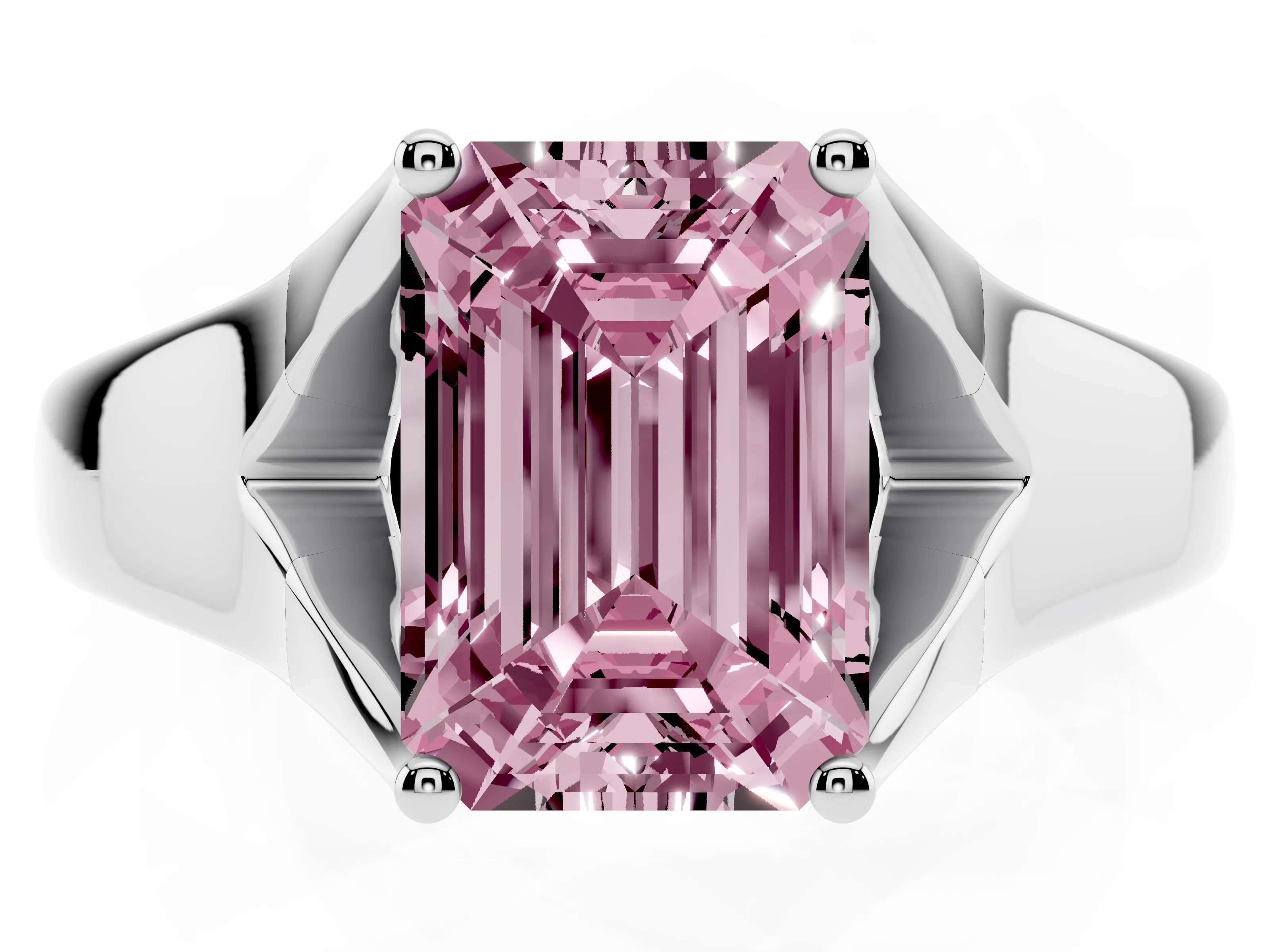 Fancy Pink Emerald Cut Diamond Solitaire Ring Set in White gold with Arched Cathedral Band and Prong Setting