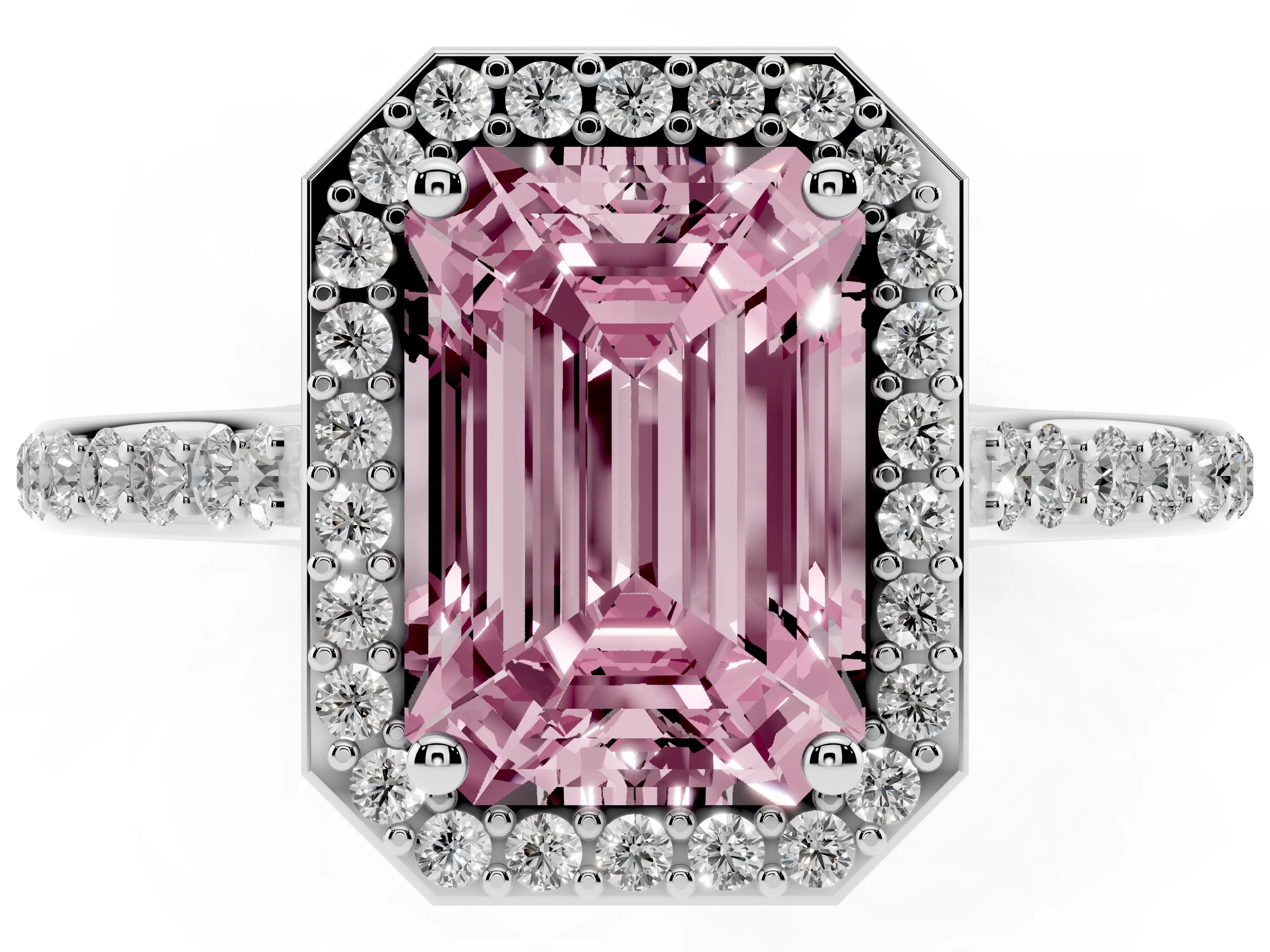 Fancy Pink Emerald Cut Diamond Halo Engagement Ring Set in White gold with Round Pavé Shoulders and Heart Gallery