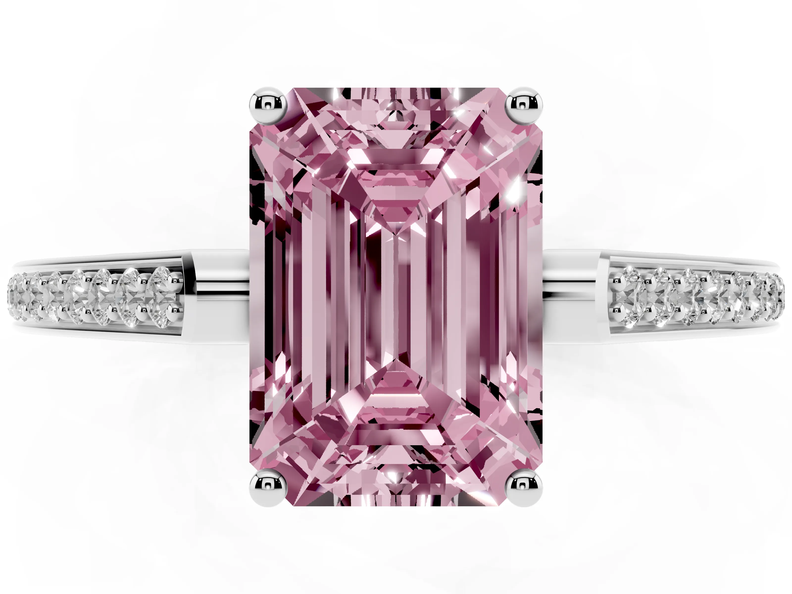 Fancy Pink Emerald Cut Diamond Cathedral Pavé Engagement Ring Set in Silver with Prong Setting