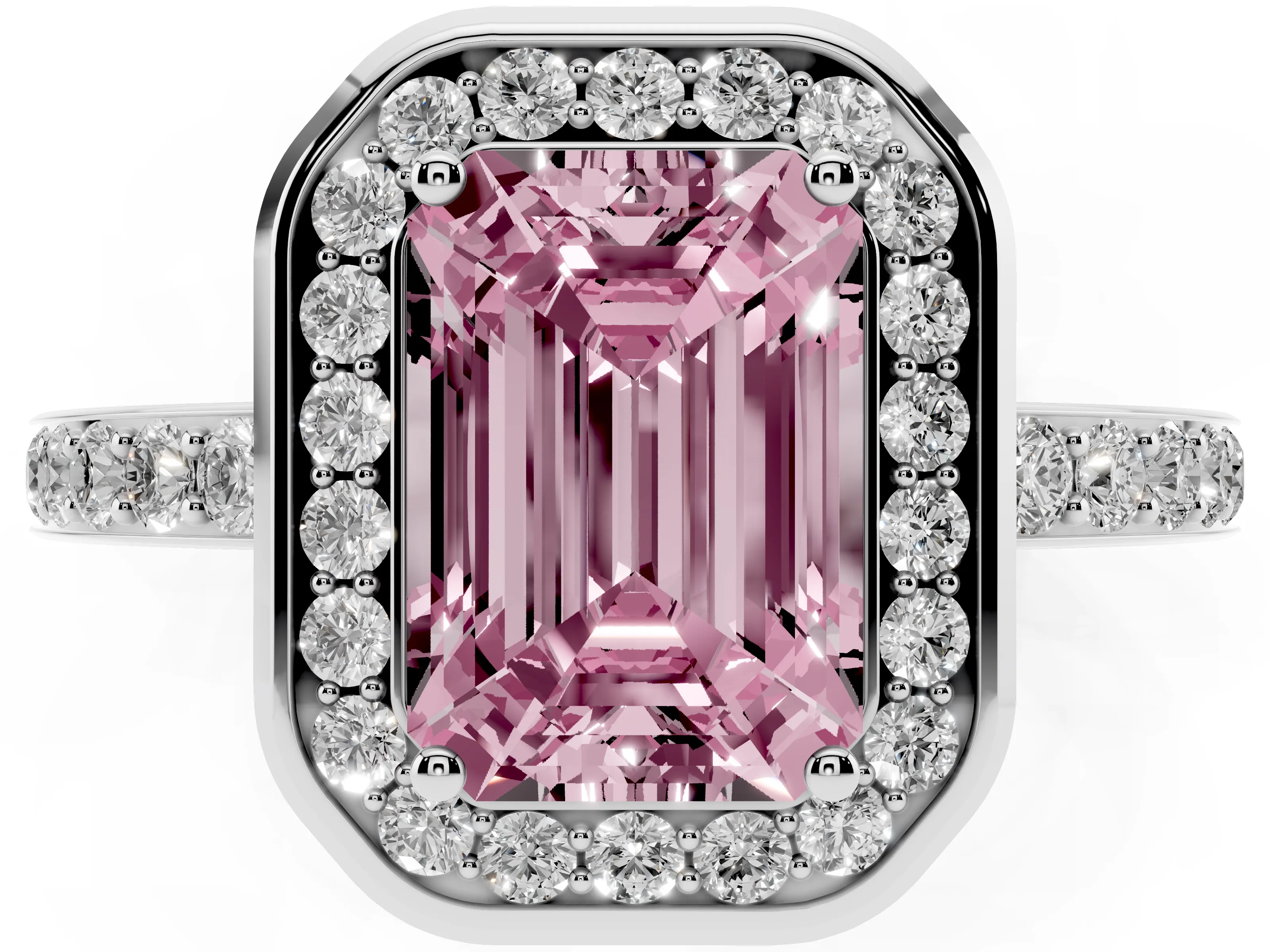 Fancy Pink Emerald Cut Diamond Halo Ring Set in White gold with Bezel Frame and Pavé Band
