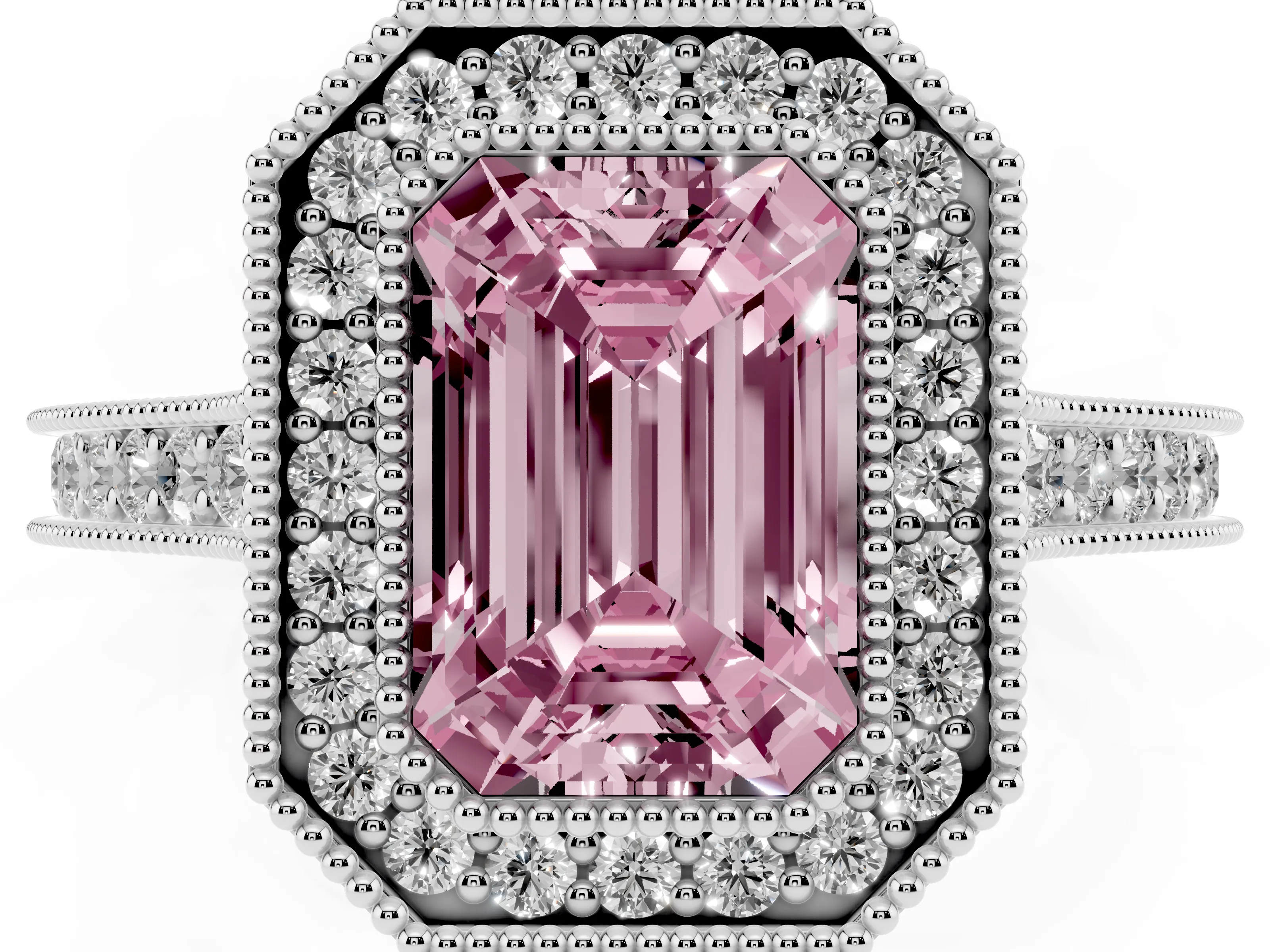 Fancy Pink Emerald Cut Diamond Halo Milgrain Pavé Band Ring Set in Platinum with Prong Setting