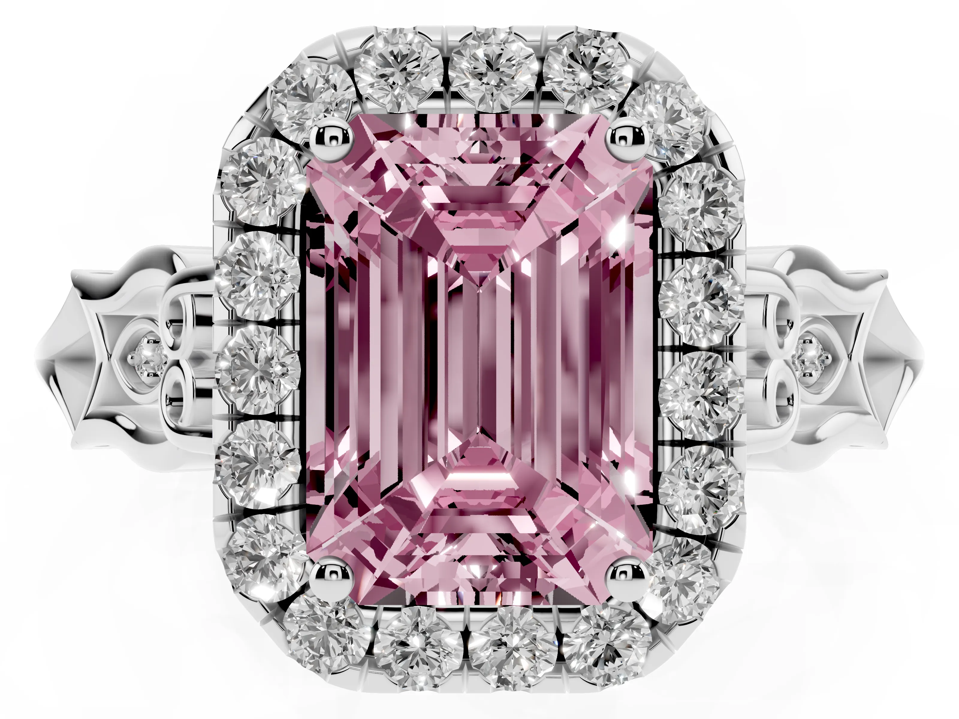 Fancy Pink Emerald Cut Diamond Halo Engagement Ring Set in Platinum with Filigree Band and Prong-Set Center