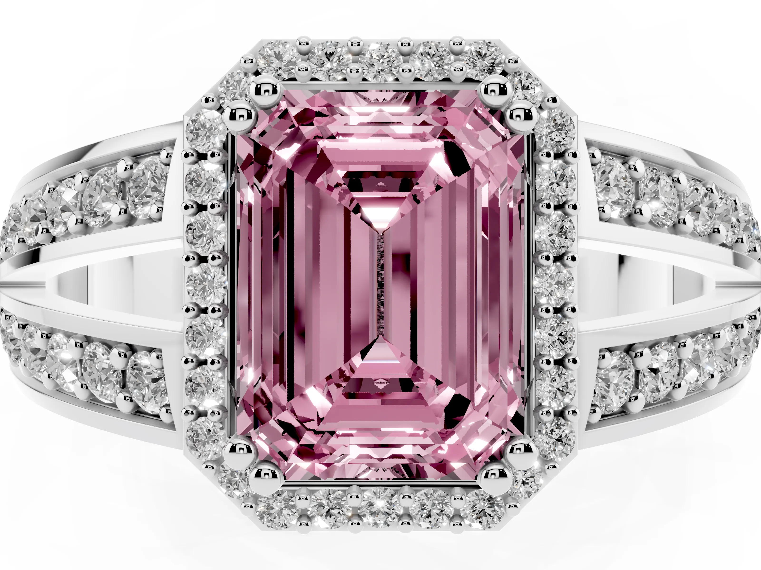 Fancy Pink Emerald Cut Diamond Halo Ring Set in White gold with Double Pavé Split Shank