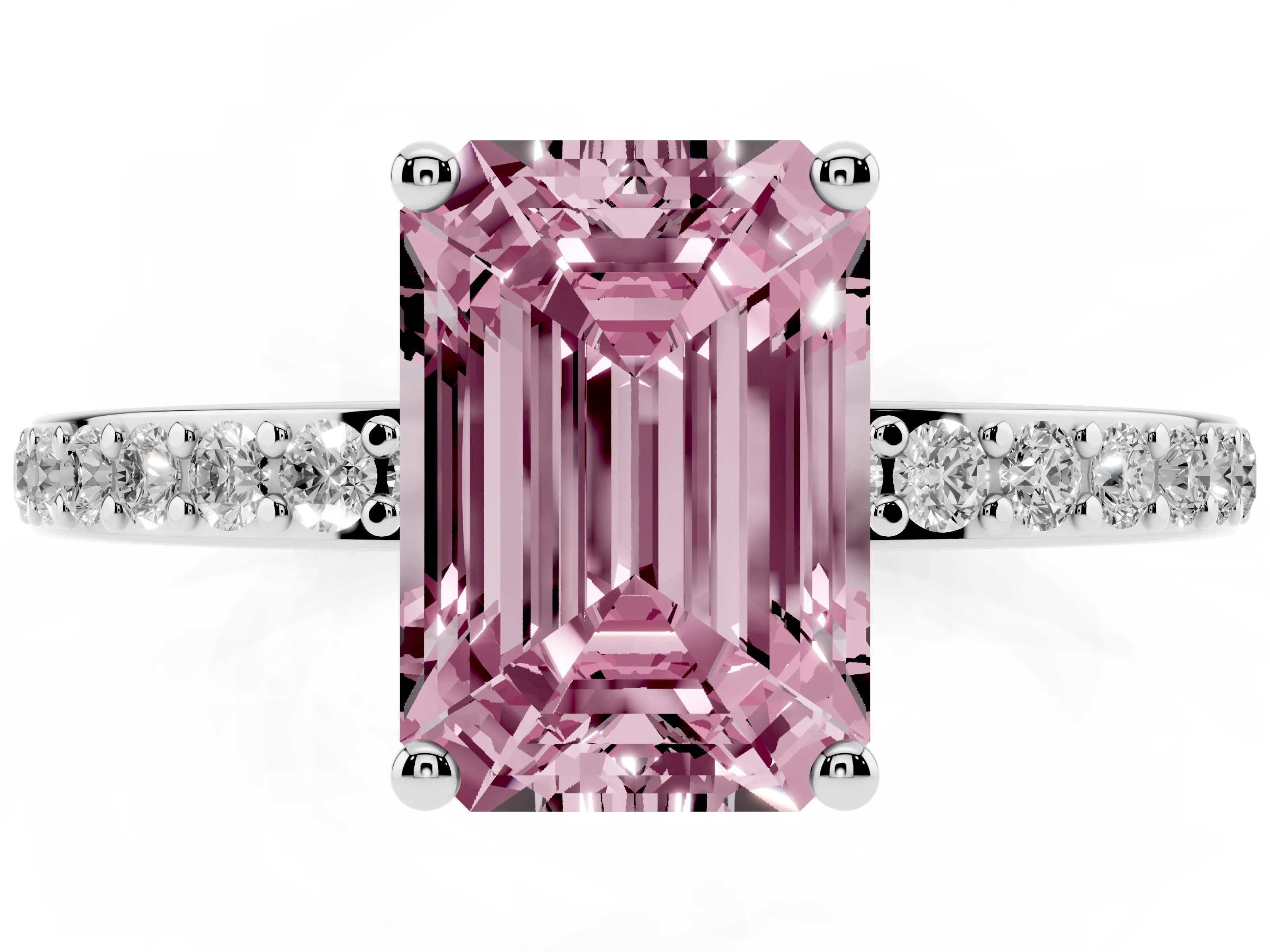 Fancy Pink Emerald Cut Diamond Pavé Band Ring Set in Platinum with Prong-Set Center Stone