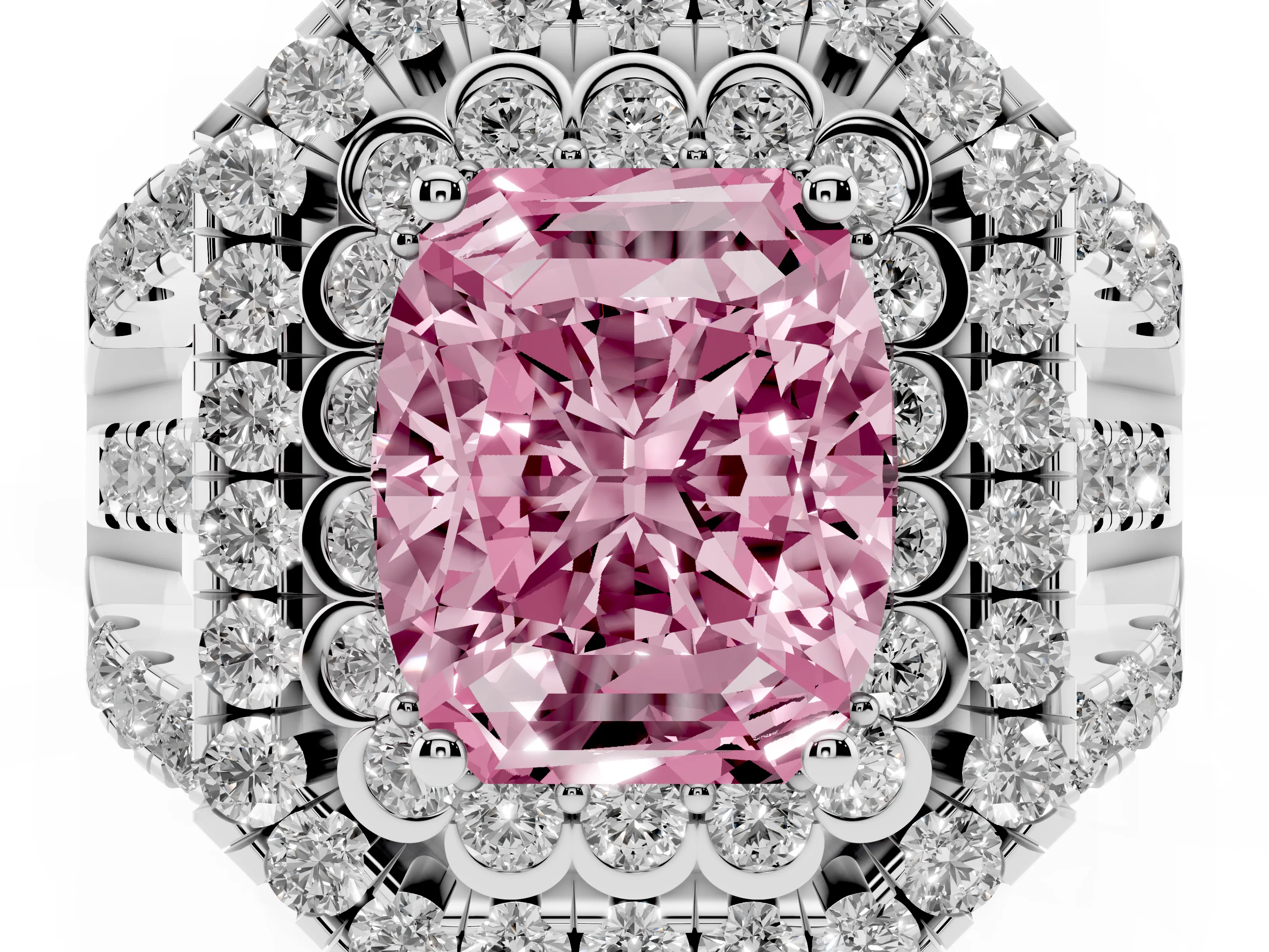 Fancy Pink Emerald Cut Diamond Double Halo Ring Set in Silver with Round Pavé Split Shank