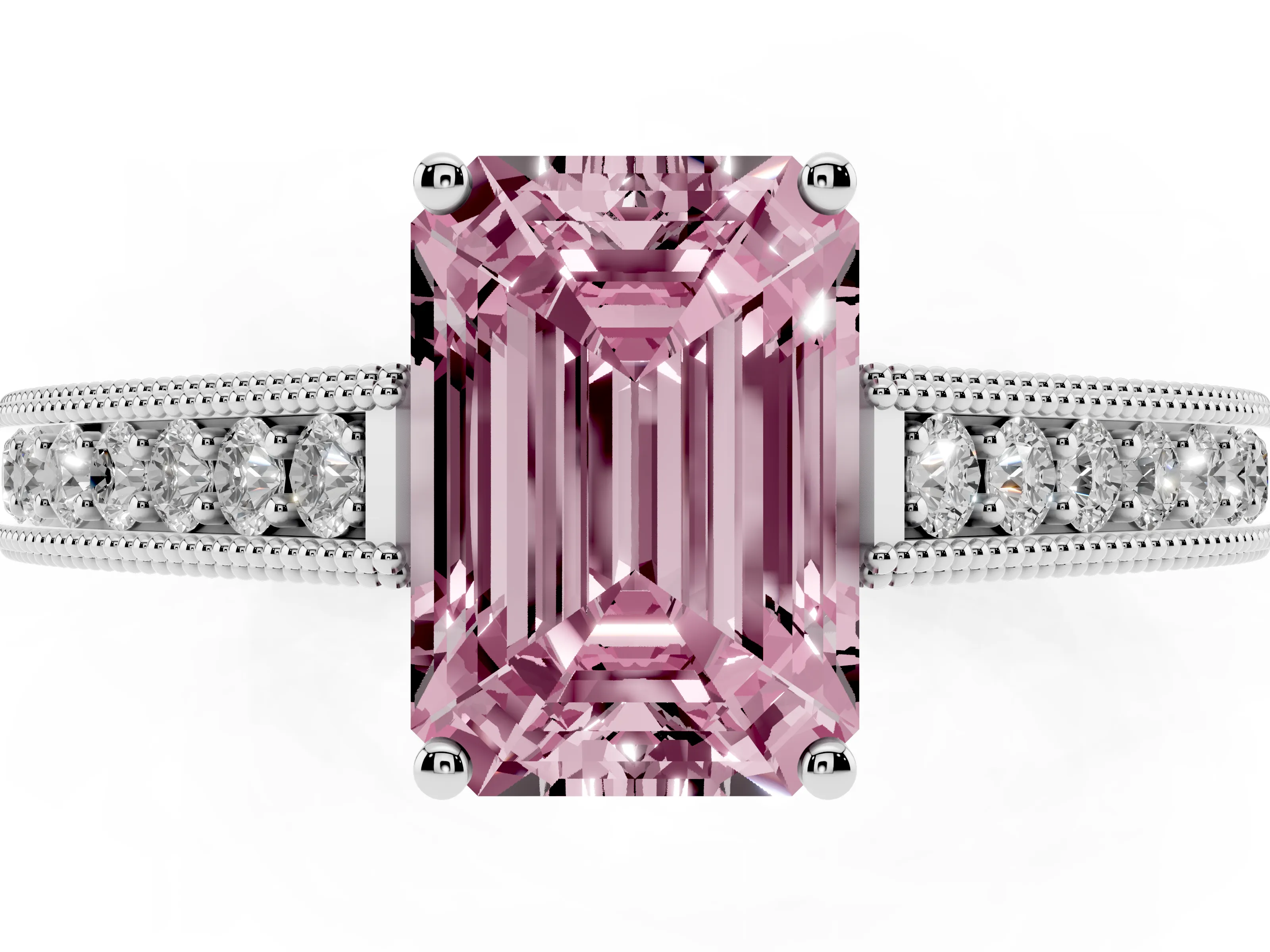 Fancy Pink Emerald Cut Diamond Milgrain Pavé Band Solitaire Ring Set in White gold with Prong Setting