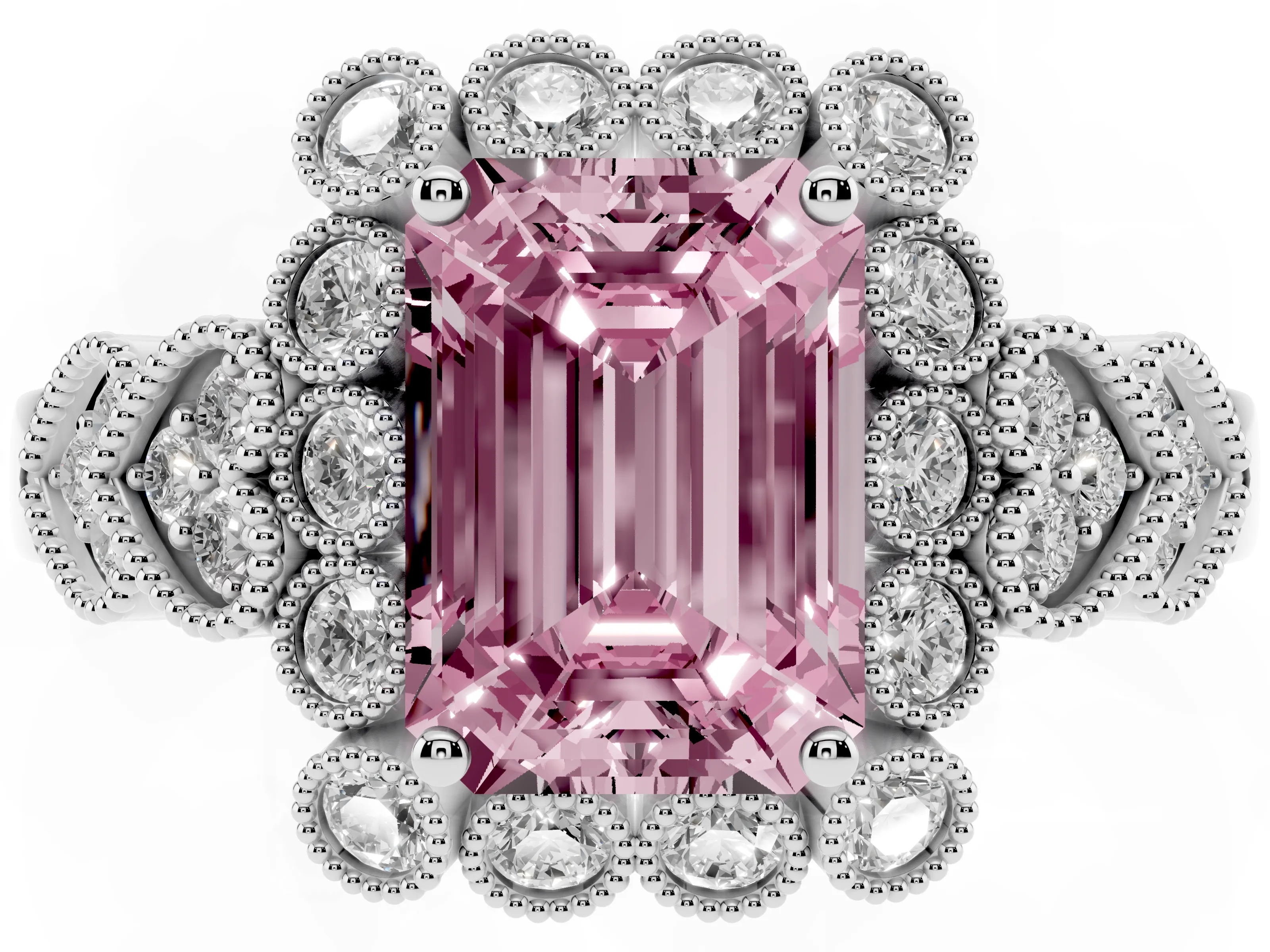 Fancy Pink Emerald Cut Diamond Solitaire Ring Set in Platinum with Milgrain Pavé Heart Band