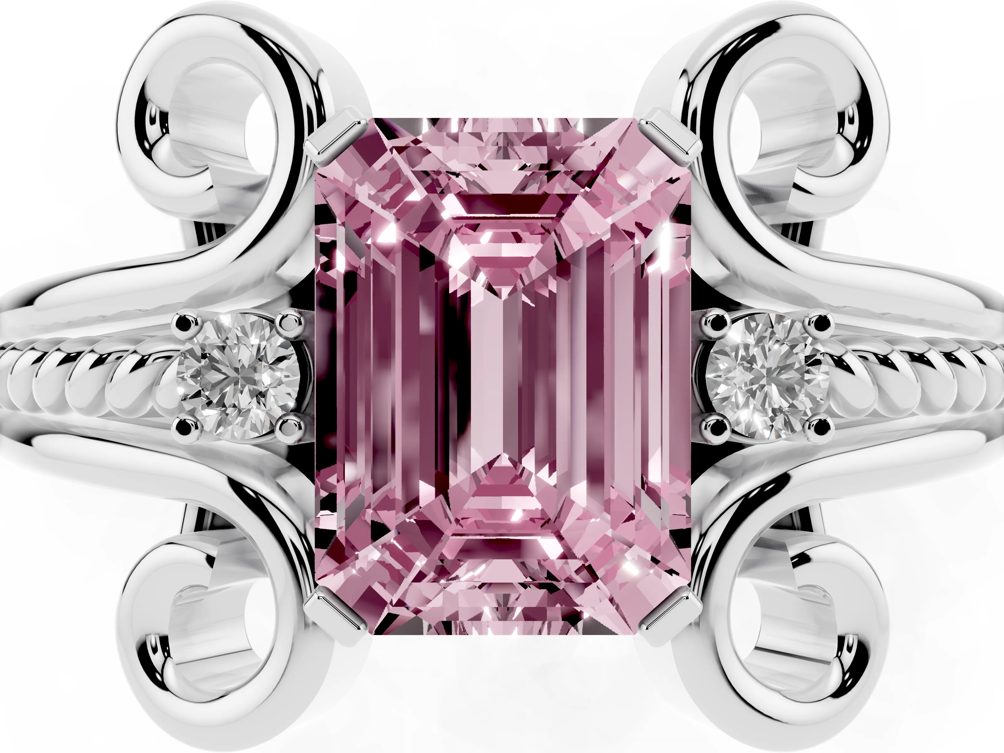 Fancy Pink Emerald Cut Diamond Twisted Band Solitaire Ring Set in Platinum with Scroll Prongs