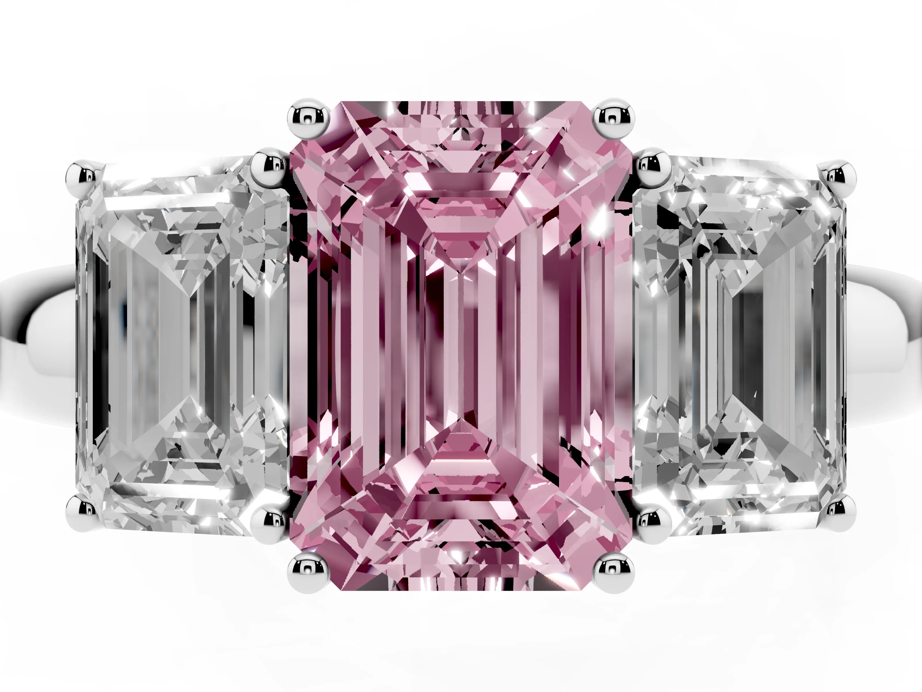 Fancy Pink Emerald Cut Diamond Three-Stone Ring Set in Silver with Bold Center and Classic Band