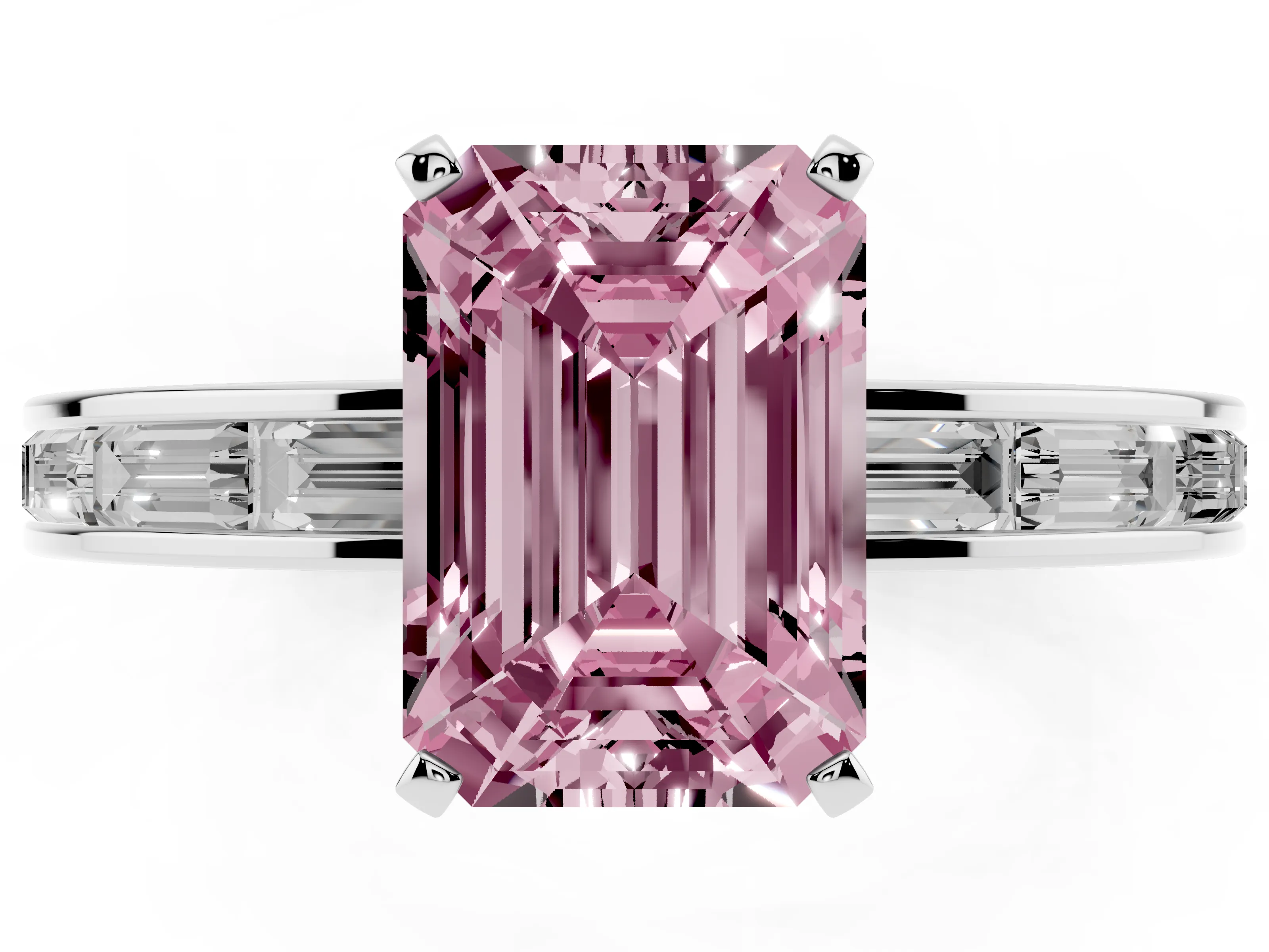 Fancy Pink Emerald Cut Diamond Solitaire Ring Set in White gold with Channel-Set Baguette Band and Prong Setting