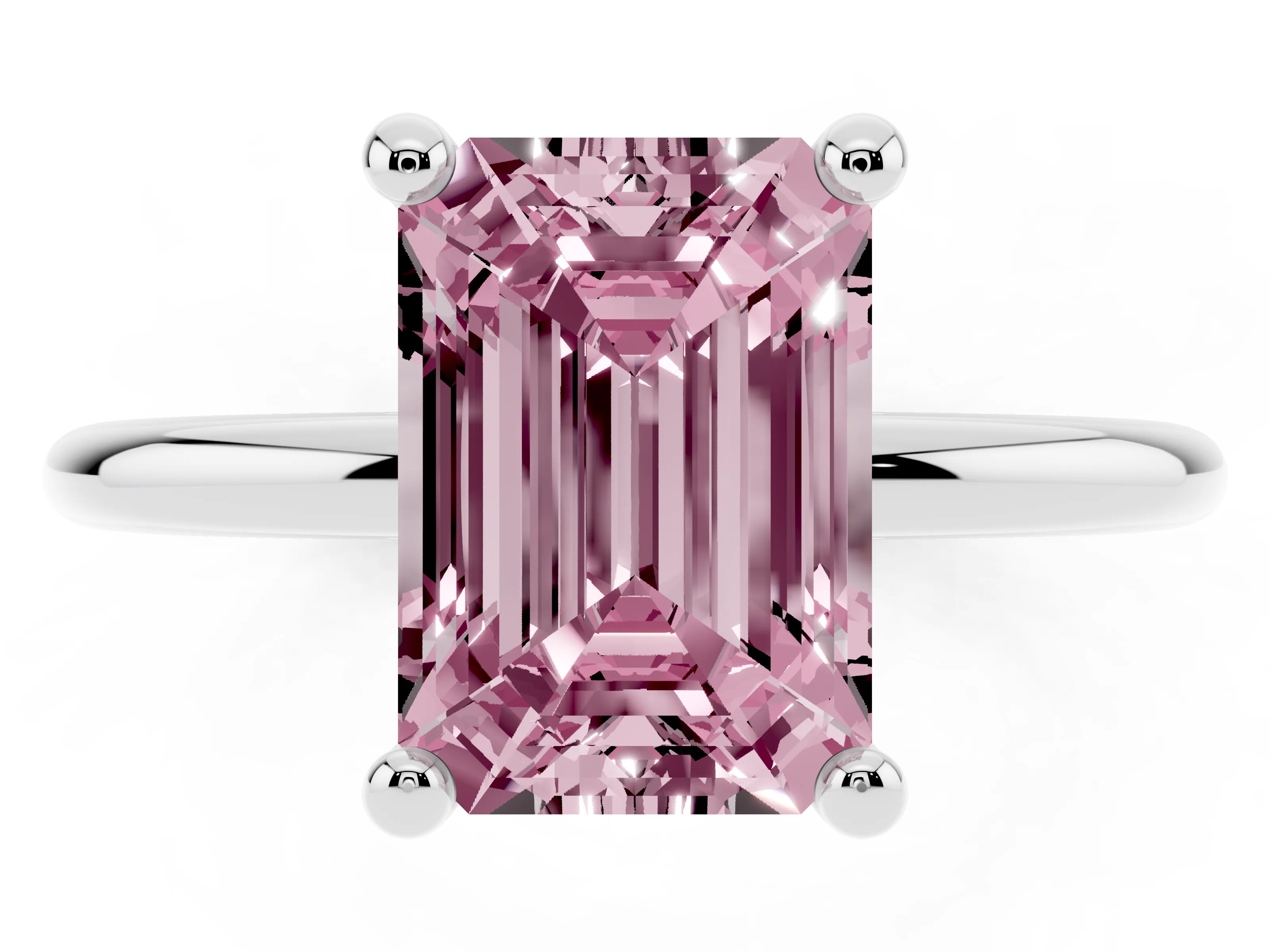 Fancy Pink Emerald Cut Diamond Solitaire Ring Set in White gold with Secure Prong Setting on a Classic Band
