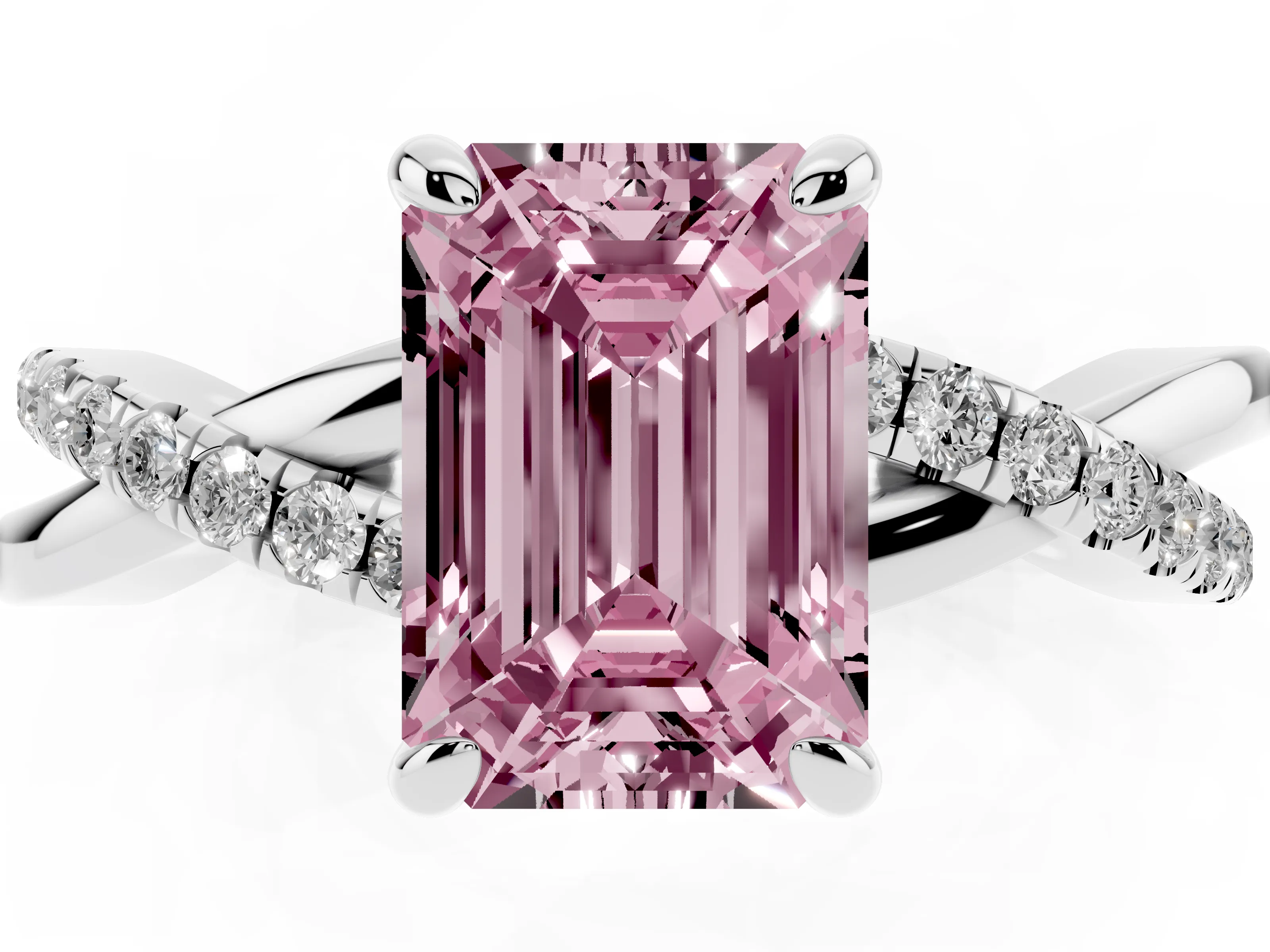 Fancy Pink Emerald Cut Diamond Twist Band Pavé Solitaire Ring Set in Platinum with Prong Setting