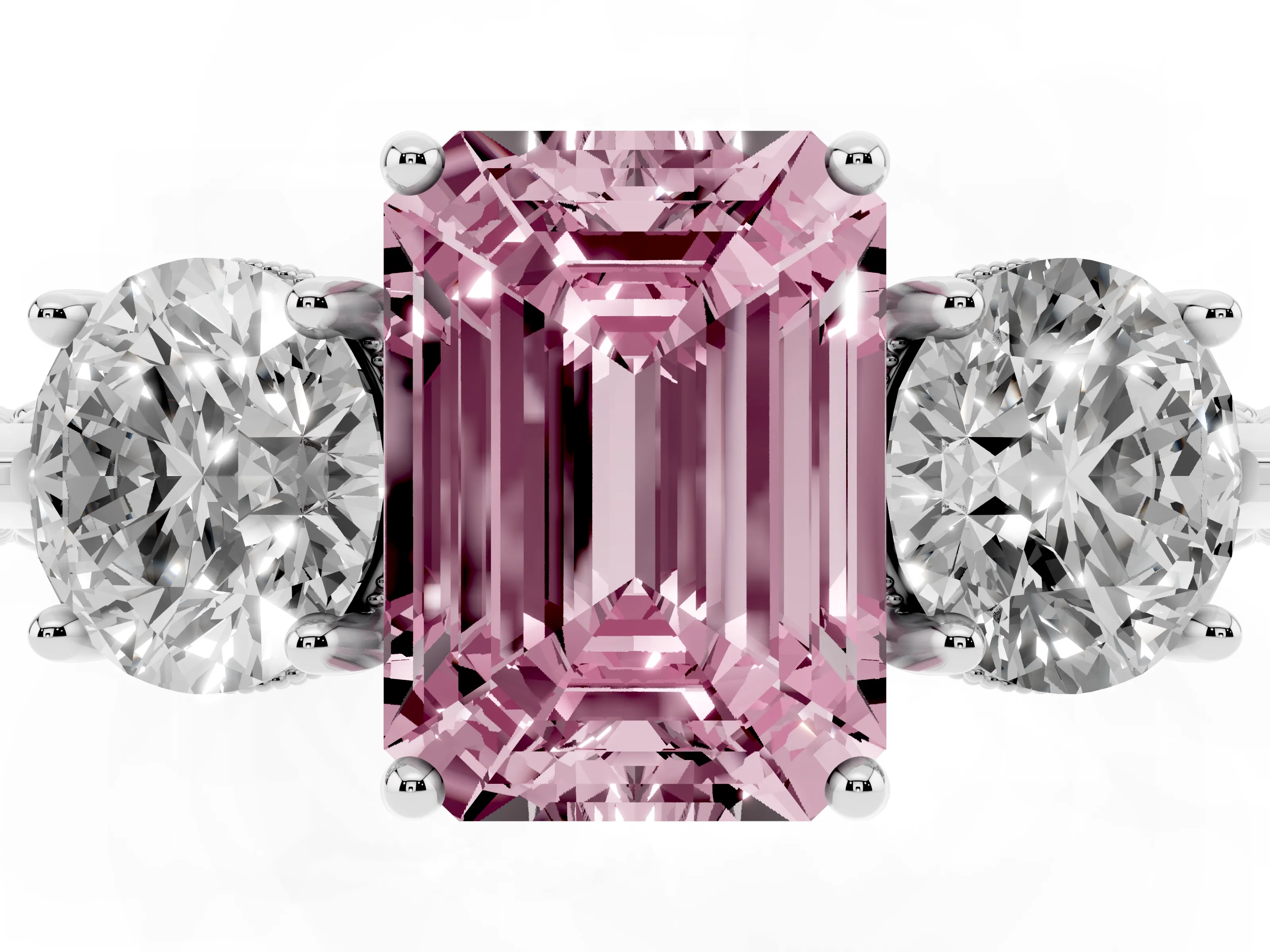 Fancy Pink Emerald Cut Diamond Three-Stone Ring Set in Silver with Milgrain Band