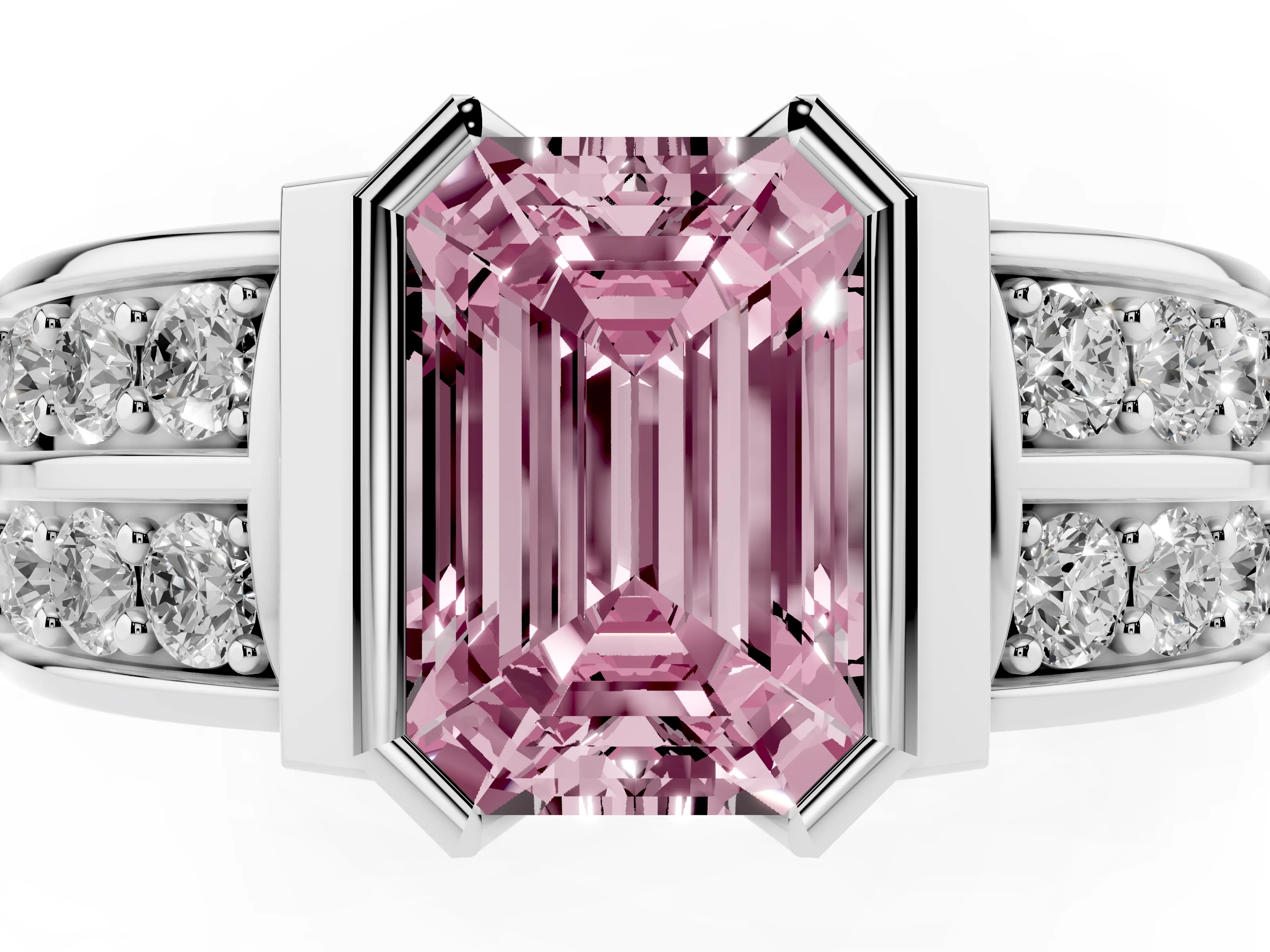 Fancy Pink Emerald Cut Diamond Wide Channel Set Band Ring Set in Silver with Bezel Setting