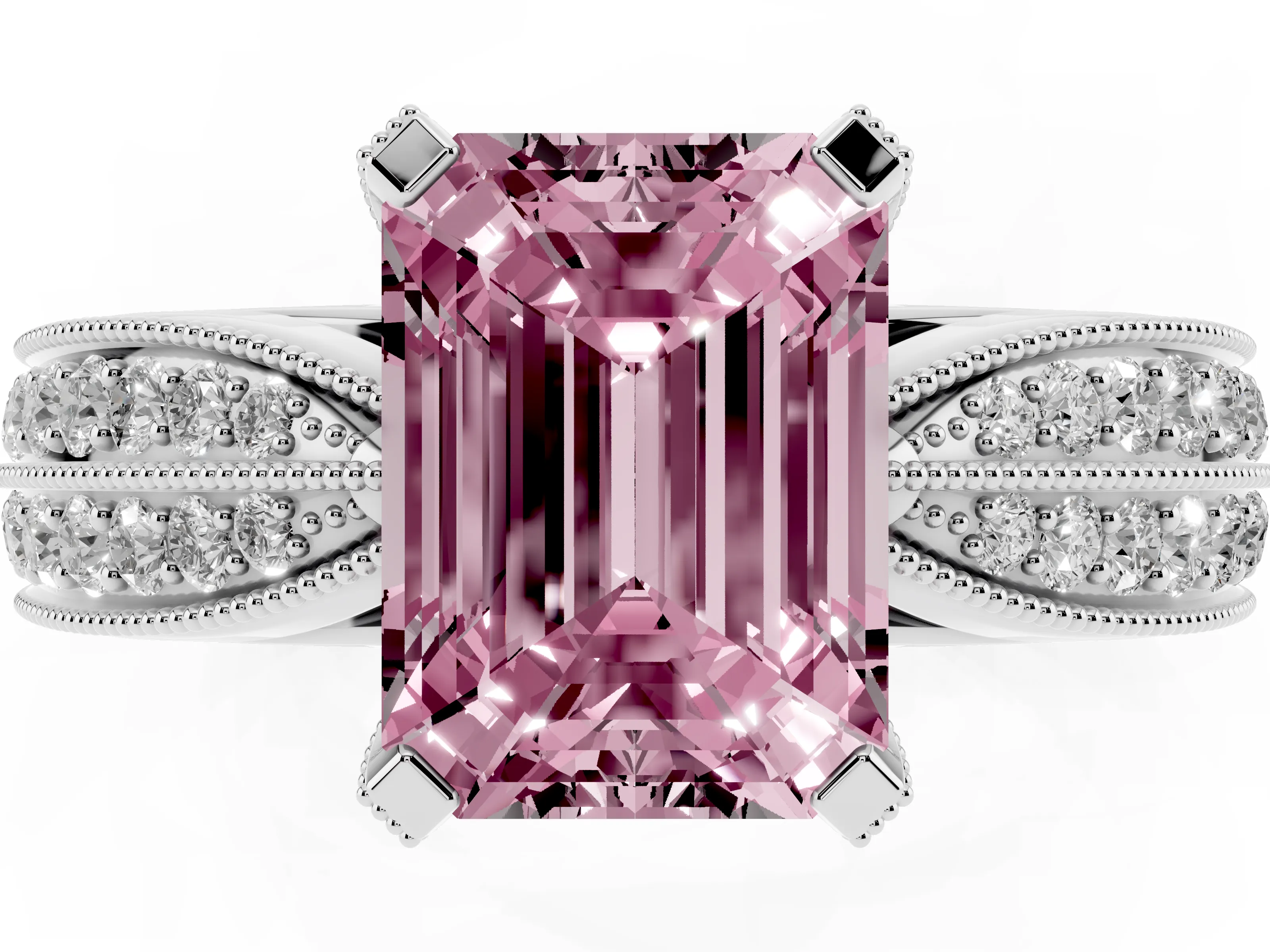 Fancy Pink Emerald Cut Diamond Solitaire Ring Set in Silver with Milgrain Double Row Round Pavé Band