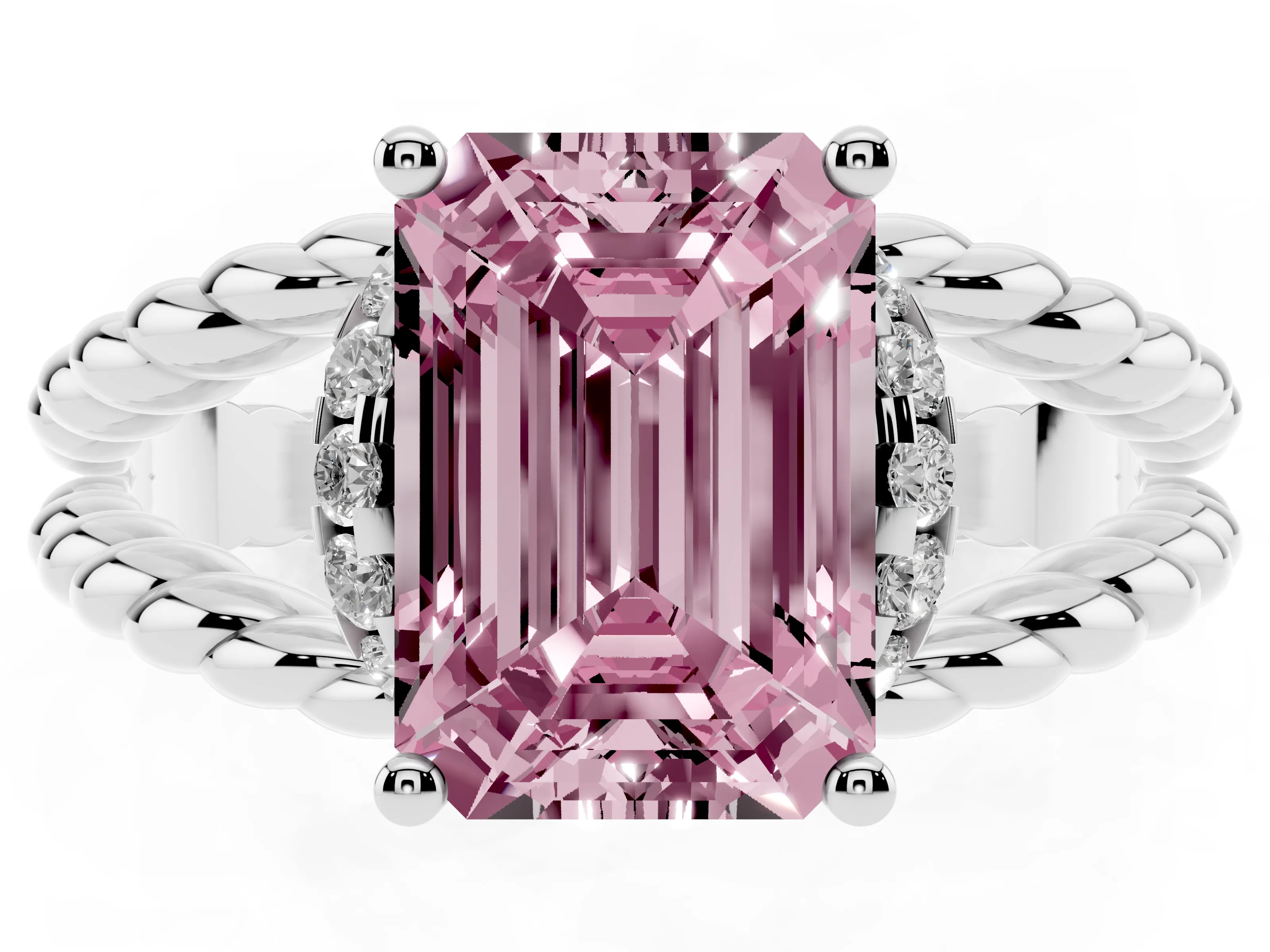 Fancy Pink Emerald Cut Diamond Halo Ring Set in White gold with Twisted Band and Prong Setting