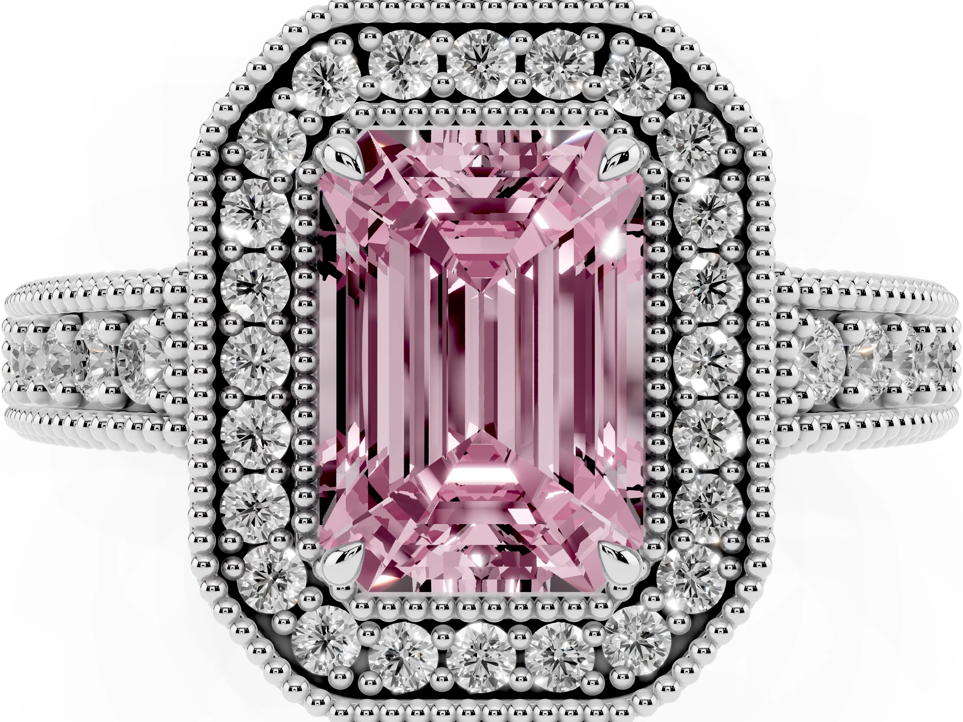Fancy Pink Emerald Cut Diamond Halo Ring Set in White gold with Round Accent Halo, Pavé Band and Prong Setting
