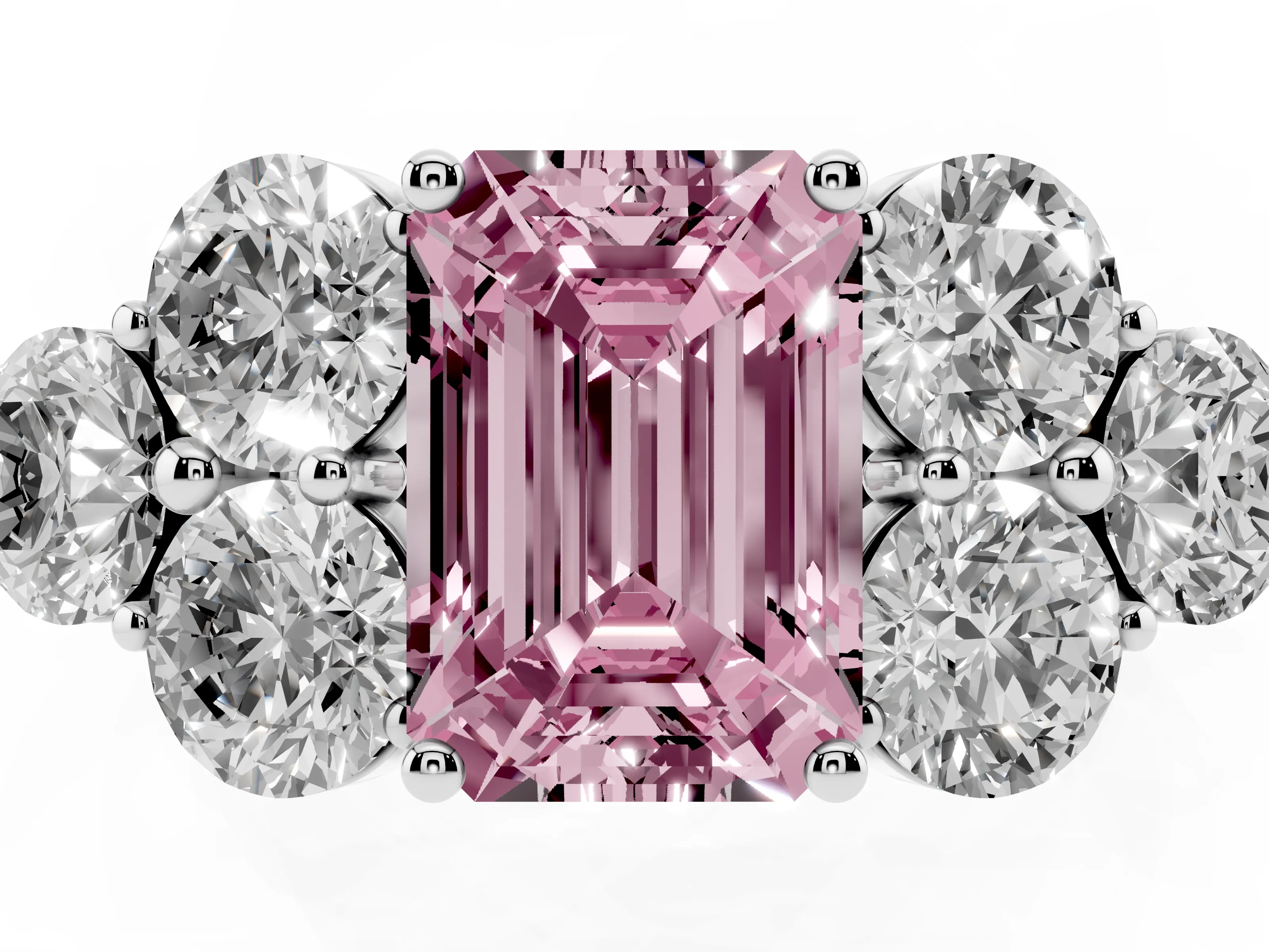 Fancy Pink Emerald Cut Diamond Cluster Ring Set in Silver with Round Accent Stones and Prong Setting on a Plain Band