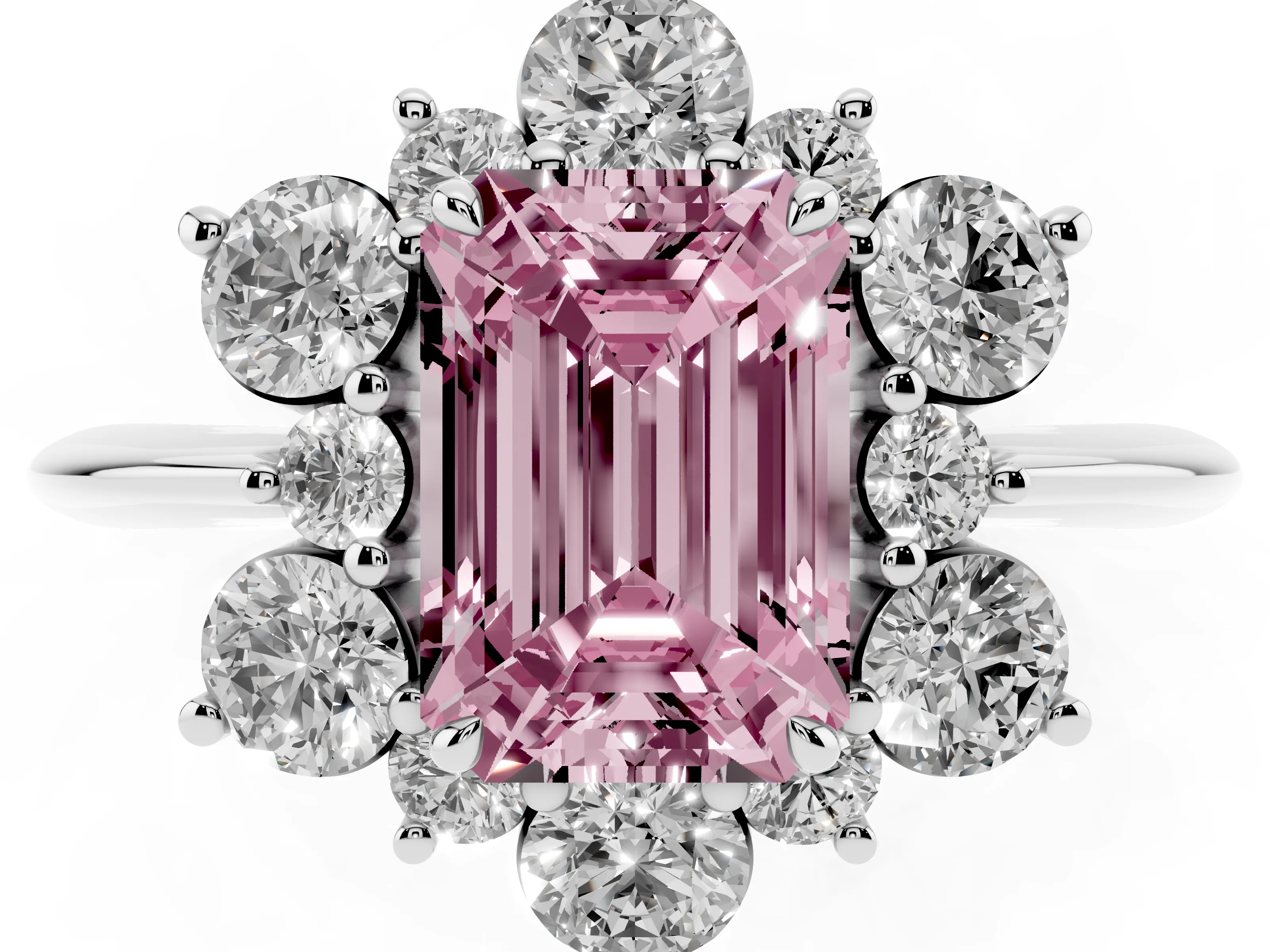 Fancy Pink Emerald Cut Diamond Cluster Halo Ring Set in White gold with Solitaire Band and Prong Setting