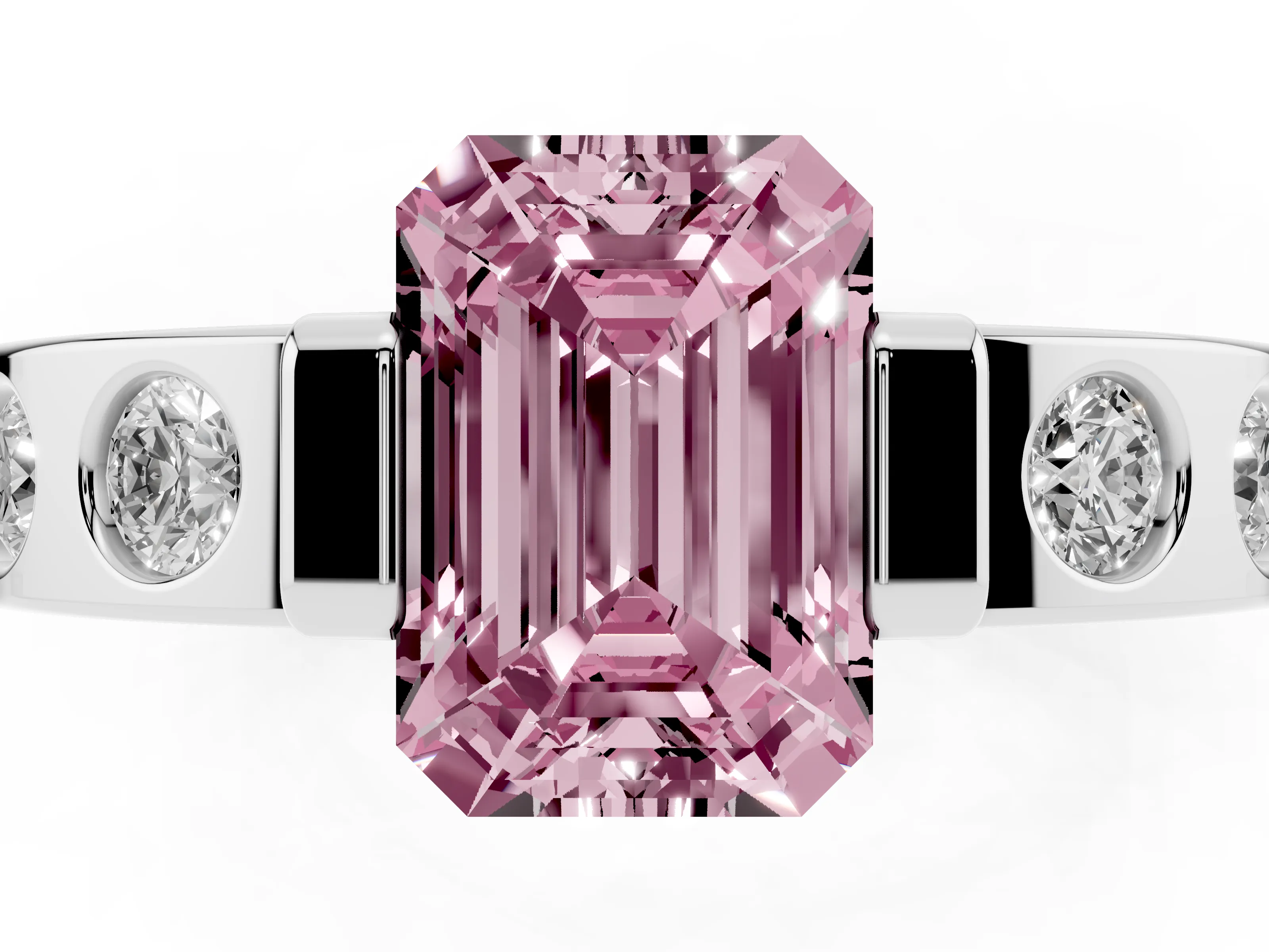 Fancy Pink Emerald Cut Diamond Channel-Set Band Ring Set in Platinum with Bezel Prong Setting